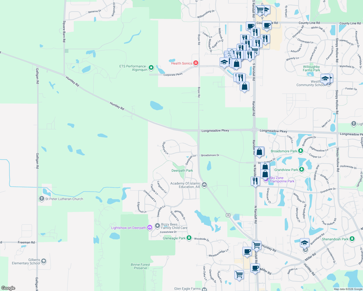map of restaurants, bars, coffee shops, grocery stores, and more near 4082 Stratford Lane in Carpentersville