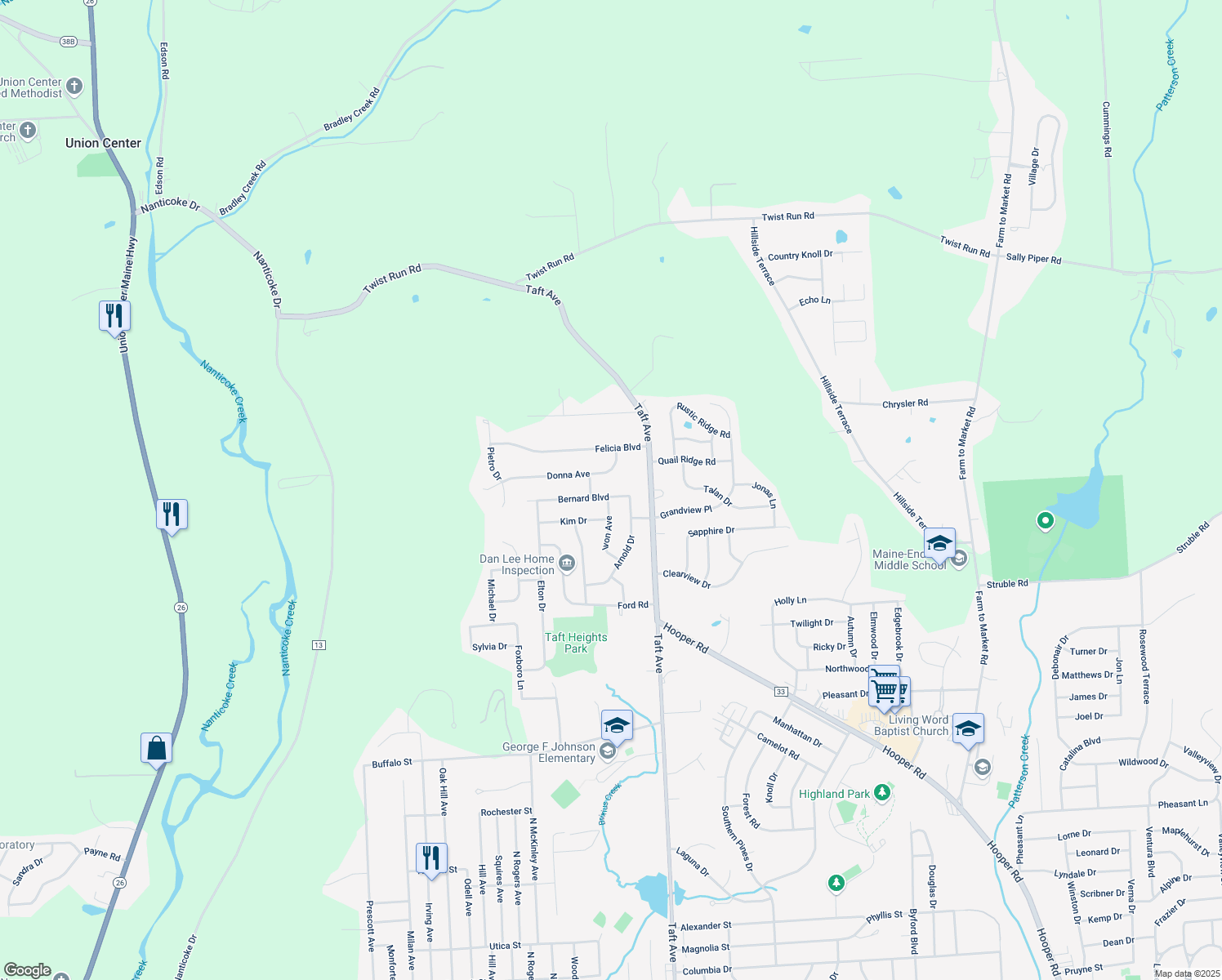 map of restaurants, bars, coffee shops, grocery stores, and more near 2109 Bernard Blvd in Endicott