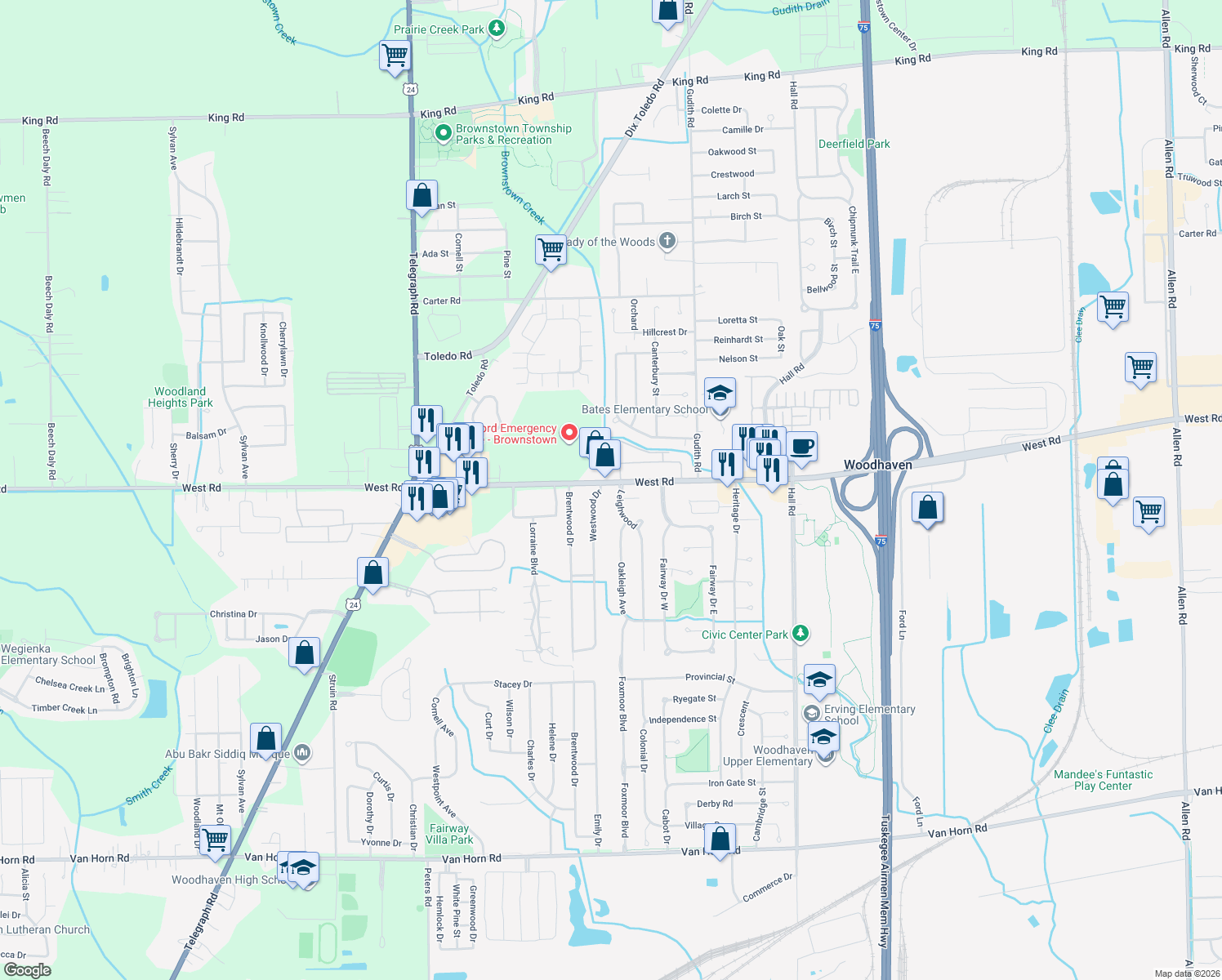 map of restaurants, bars, coffee shops, grocery stores, and more near 23102 Leighwood in Trenton