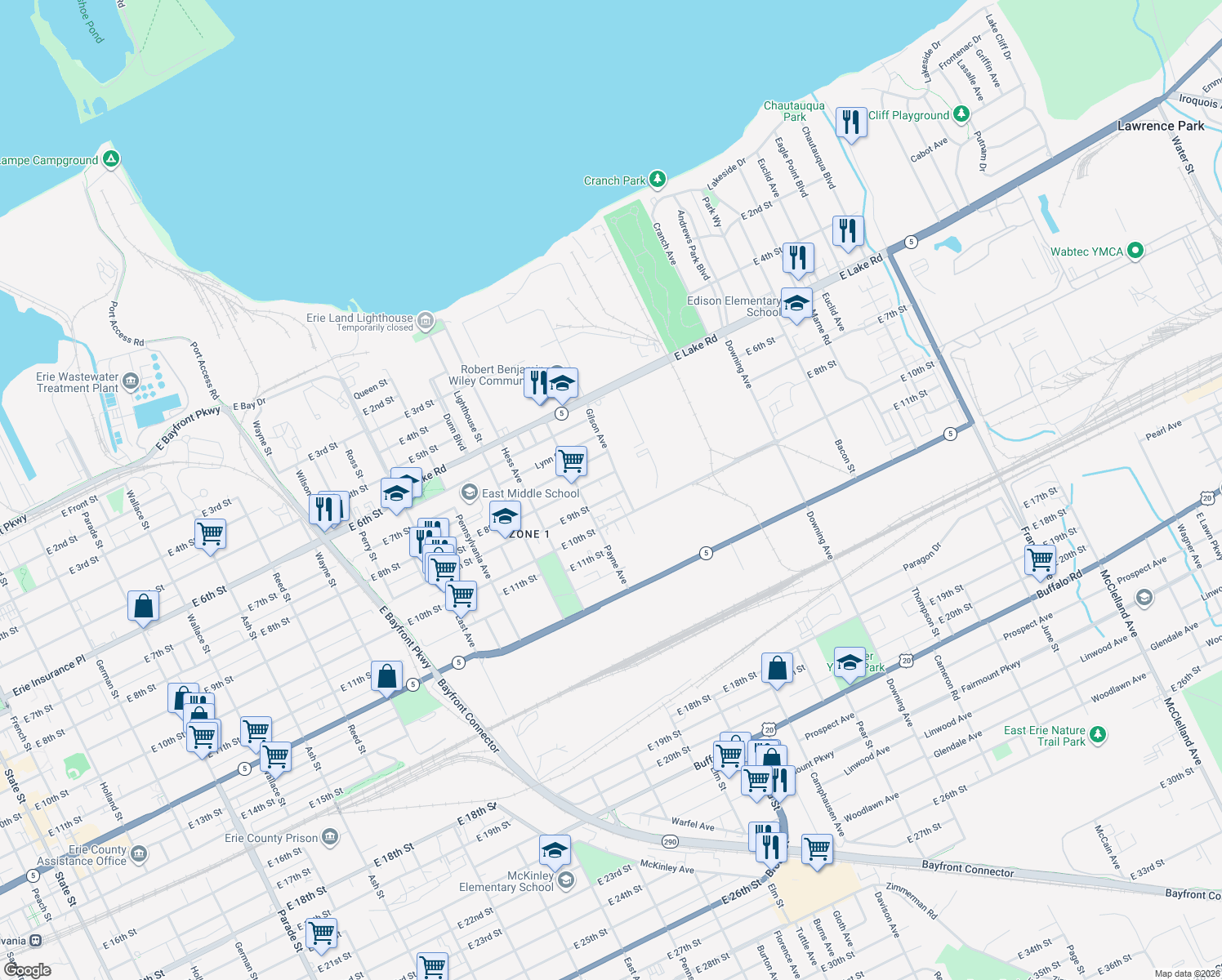 map of restaurants, bars, coffee shops, grocery stores, and more near 1428 E 9th St in Erie
