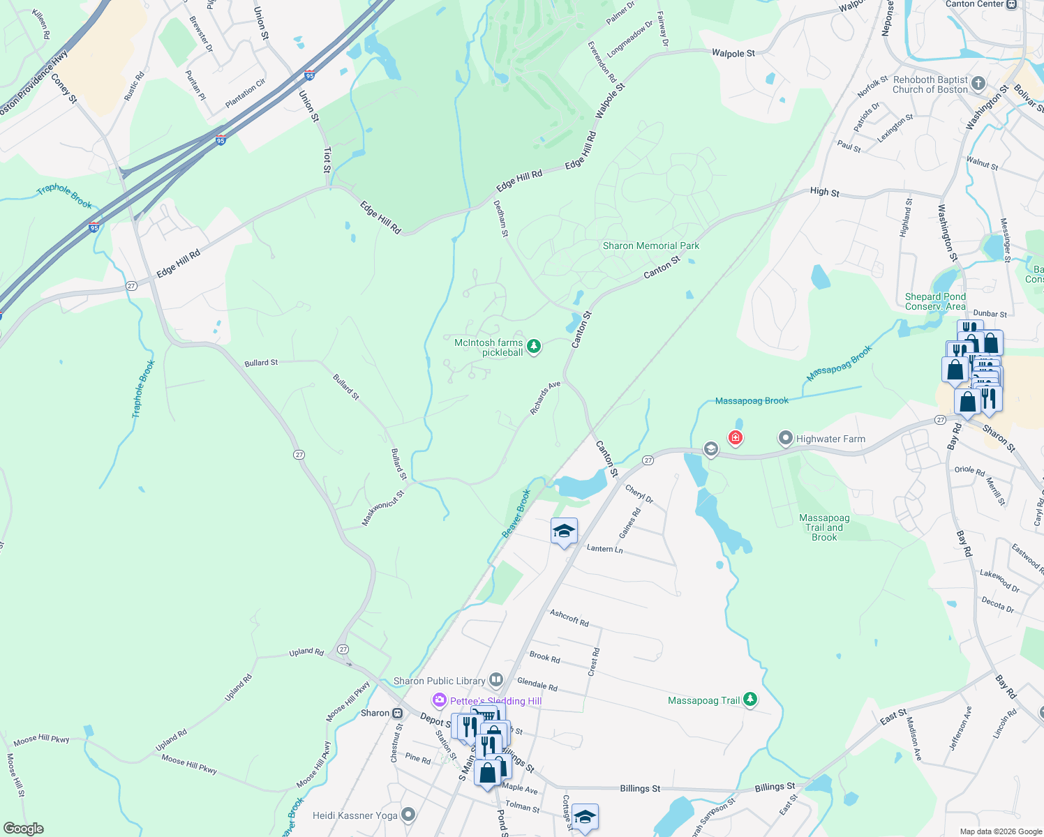 map of restaurants, bars, coffee shops, grocery stores, and more near 58 Richards Avenue in Sharon