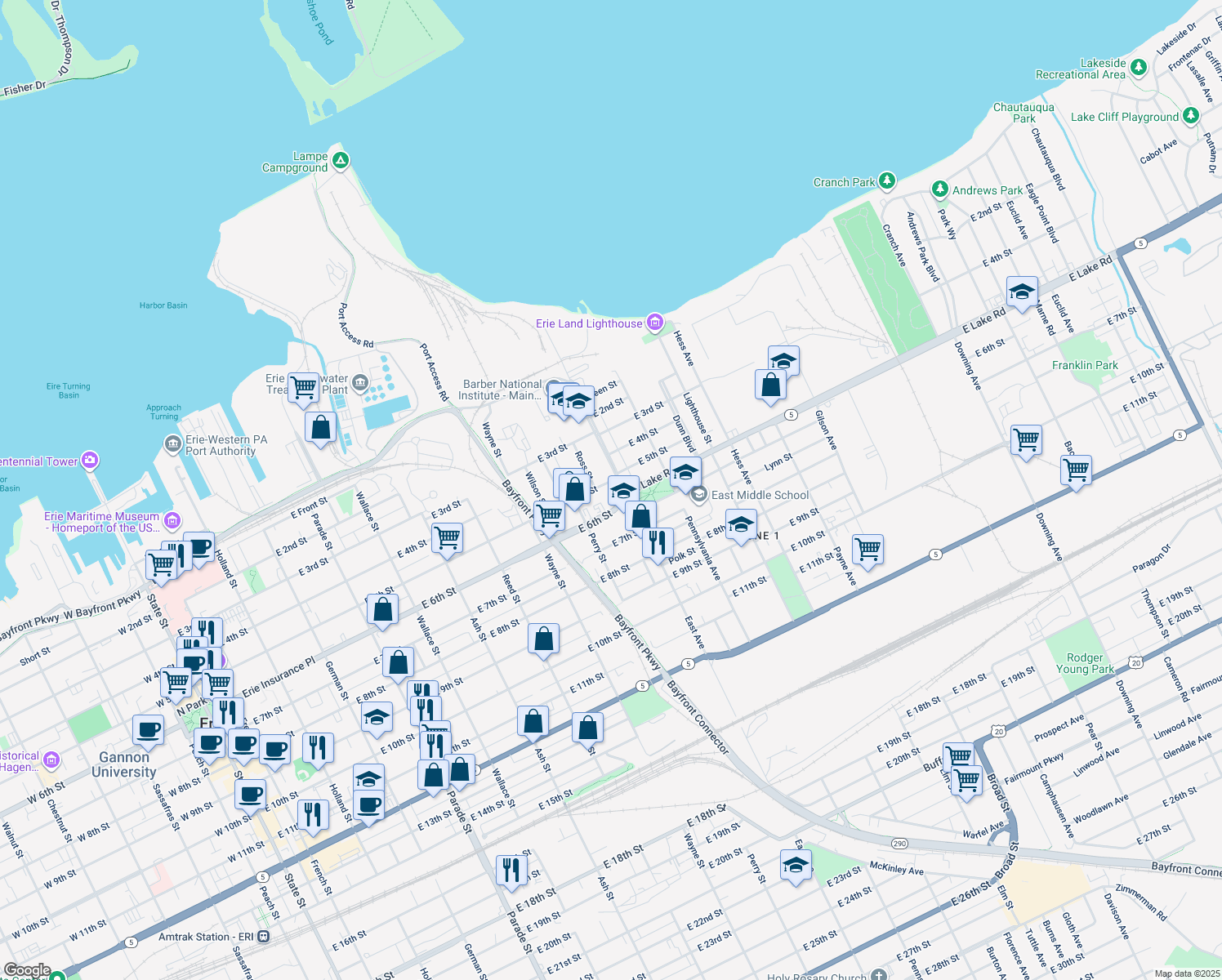 map of restaurants, bars, coffee shops, grocery stores, and more near 949 E 5th St in Erie
