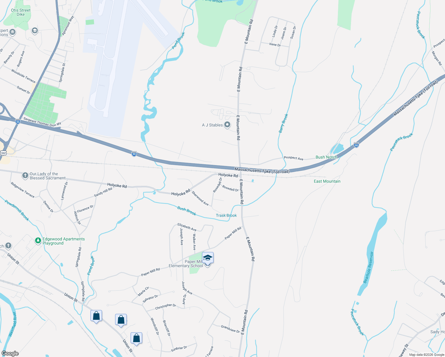 map of restaurants, bars, coffee shops, grocery stores, and more near 85 Rosedell Drive in Westfield