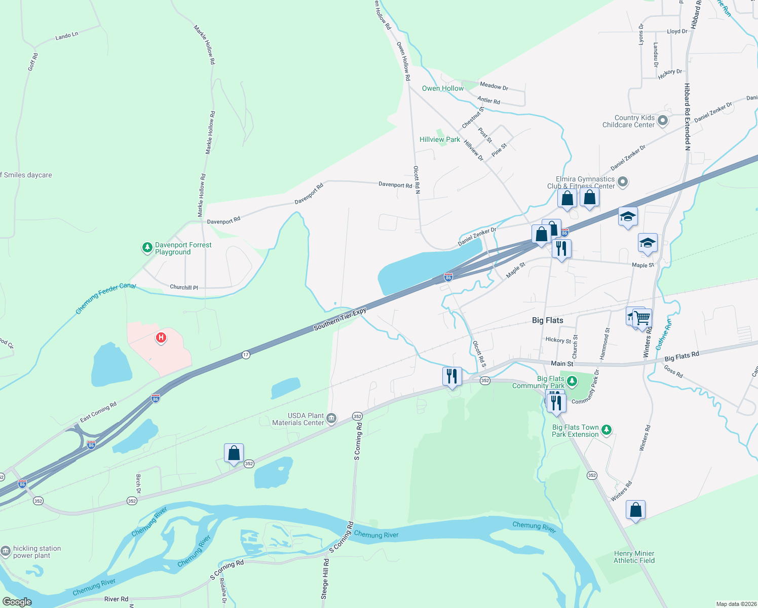 map of restaurants, bars, coffee shops, grocery stores, and more near Southern Tier Expressway in Big Flats