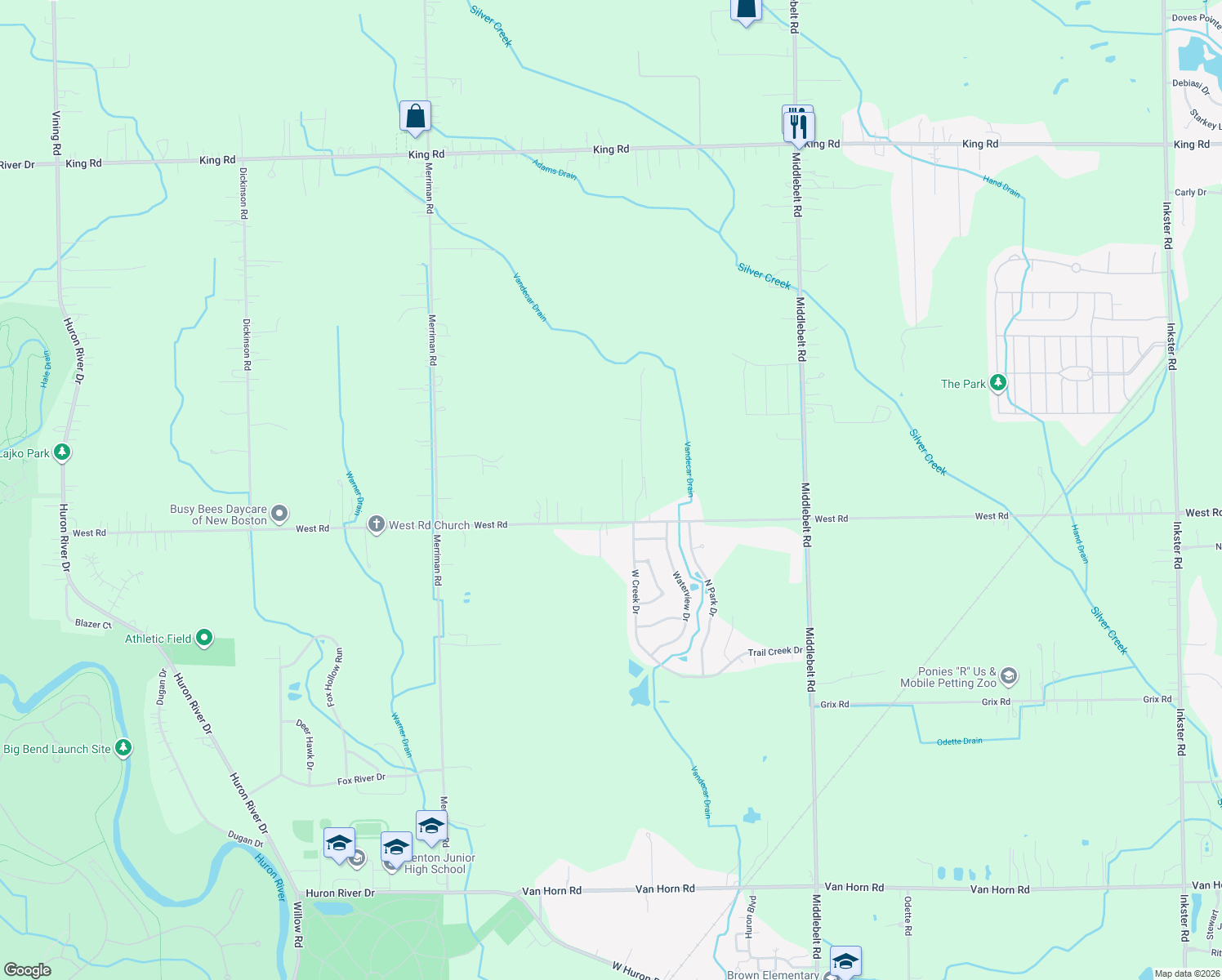 map of restaurants, bars, coffee shops, grocery stores, and more near 30362 West Road in Huron Charter Township