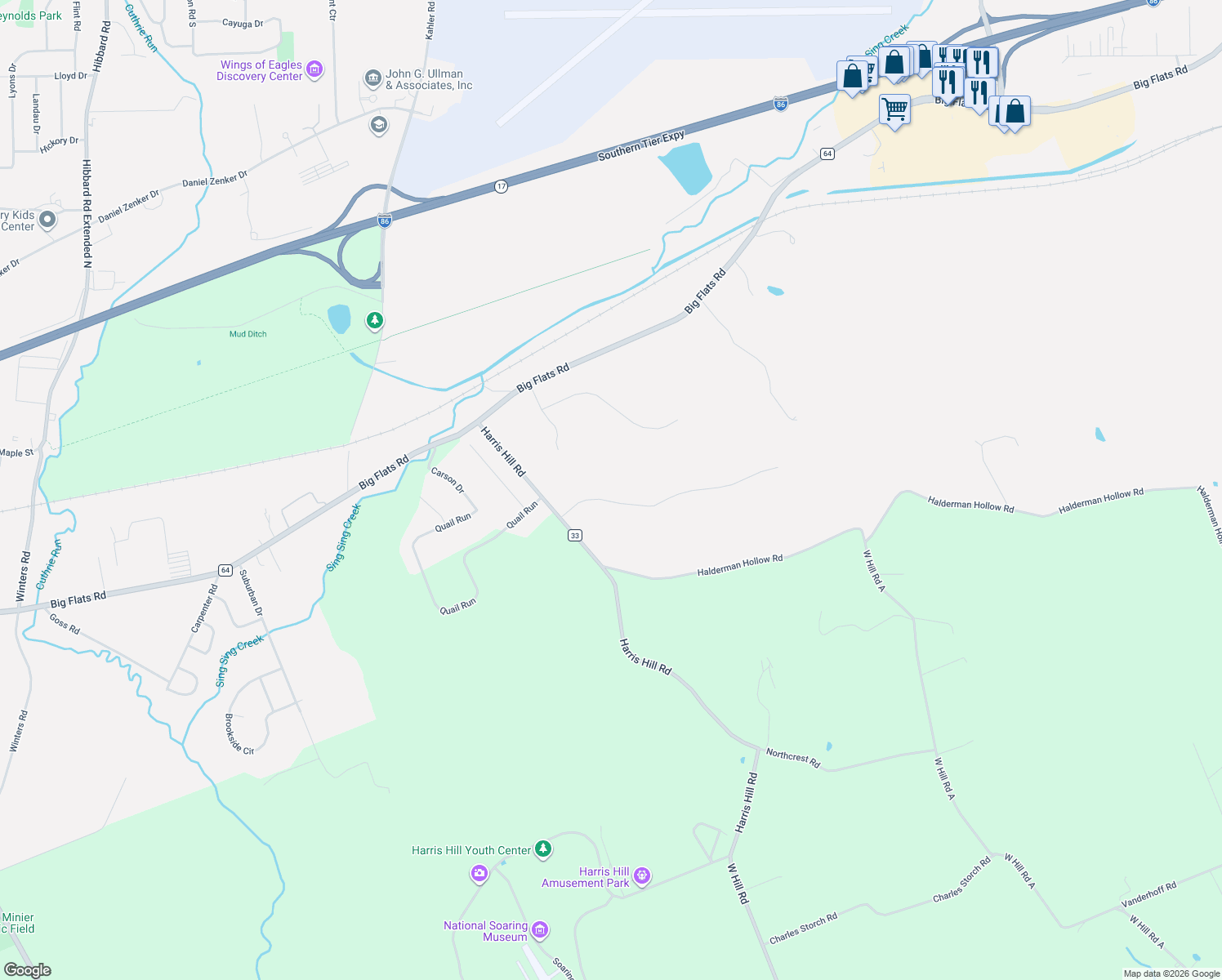 map of restaurants, bars, coffee shops, grocery stores, and more near 29 Valley View Drive in Elmira