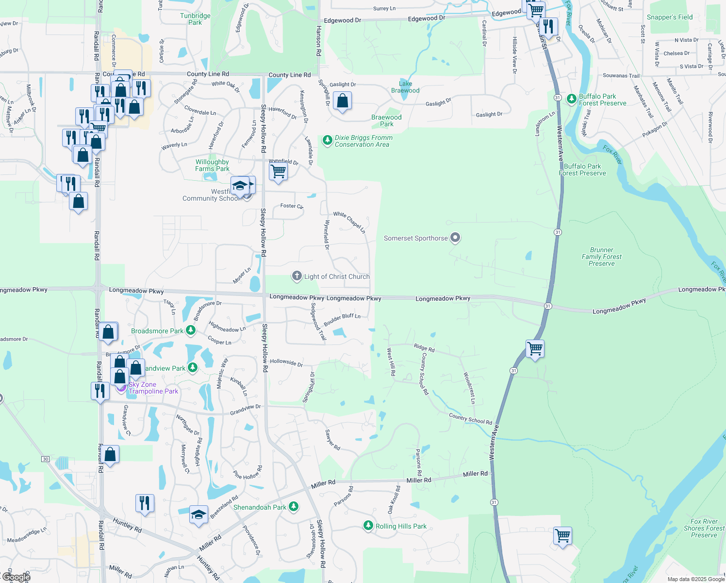map of restaurants, bars, coffee shops, grocery stores, and more near 1411 Richmond Lane in Algonquin