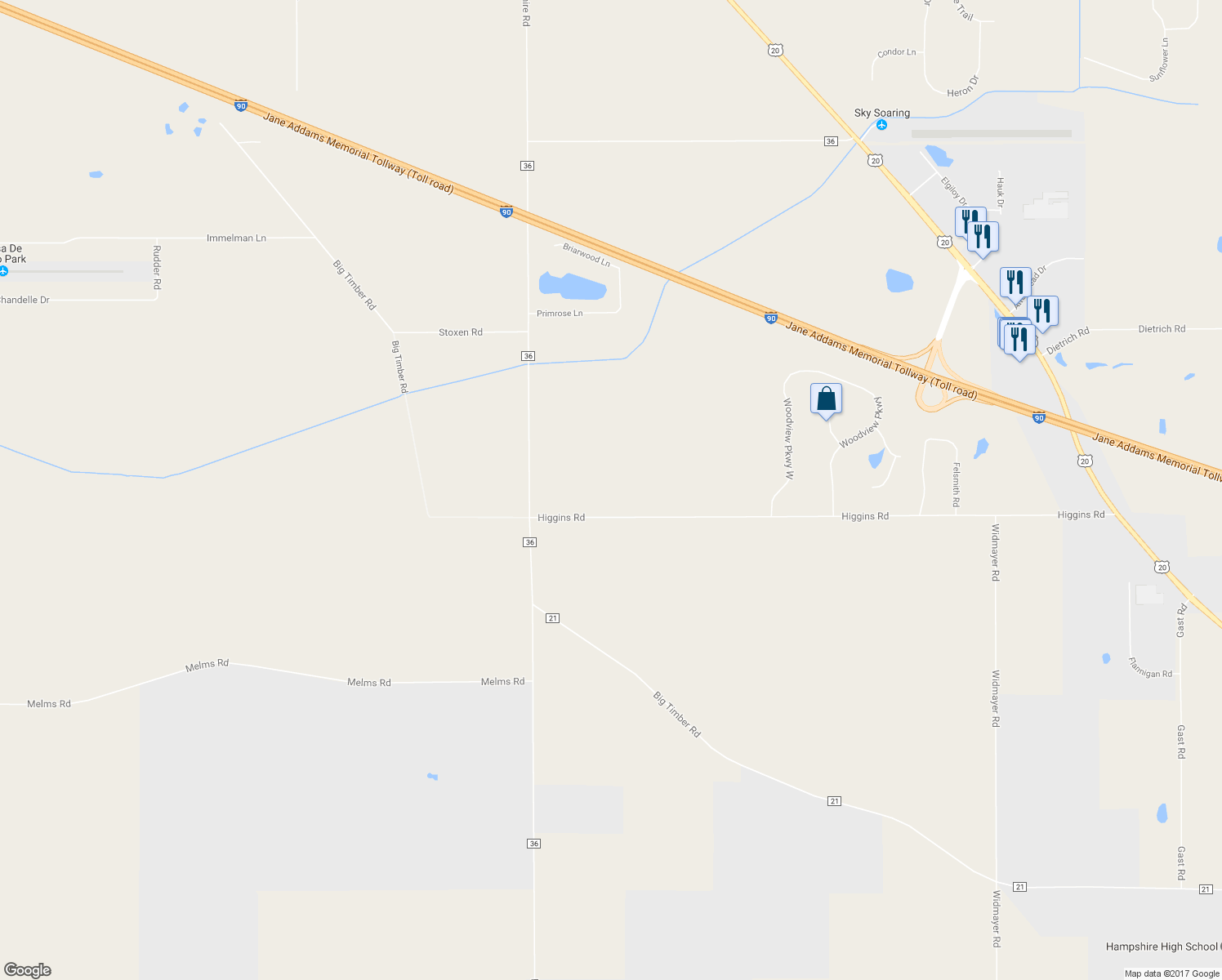 map of restaurants, bars, coffee shops, grocery stores, and more near 47W018 Higgins Road in Hampshire