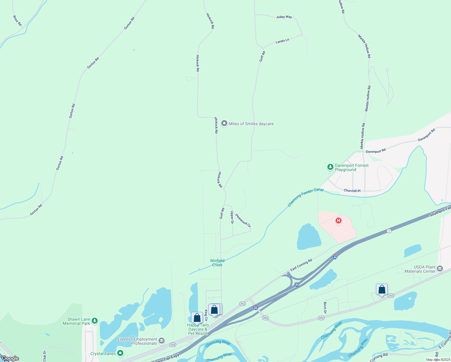 map of restaurants, bars, coffee shops, grocery stores, and more near 2891 Goff Road in Corning