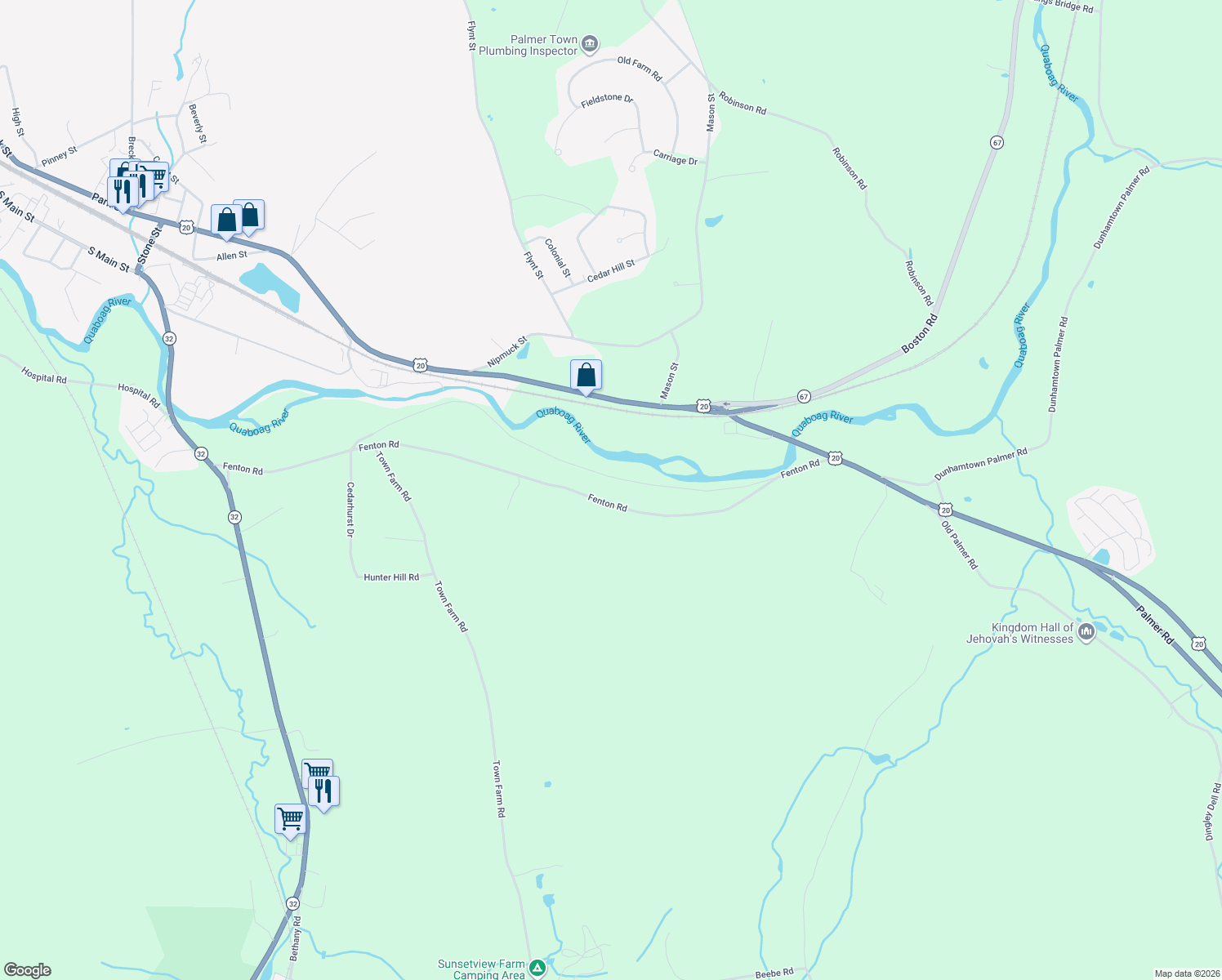map of restaurants, bars, coffee shops, grocery stores, and more near 112 Fenton Road in Monson