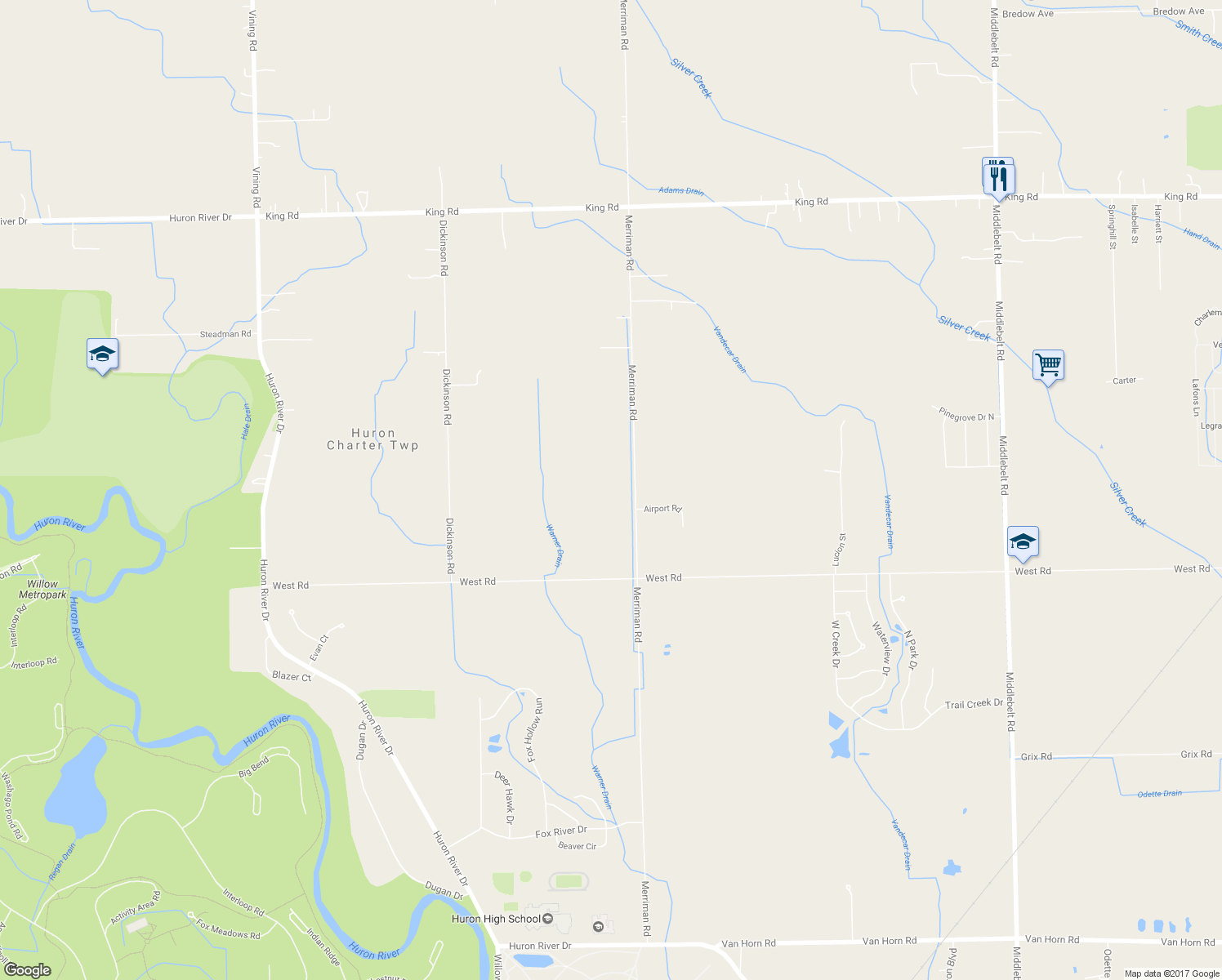 map of restaurants, bars, coffee shops, grocery stores, and more near 22550 Merriman Road in Huron Charter Township