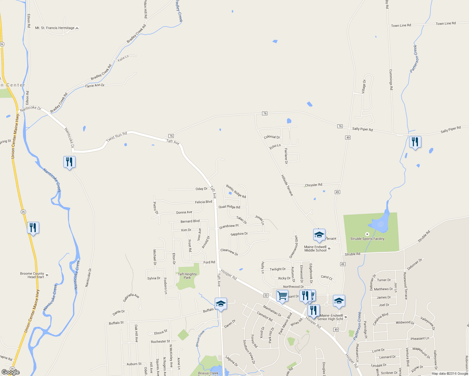 map of restaurants, bars, coffee shops, grocery stores, and more near 2621 Rustic Ridge Road in Endicott