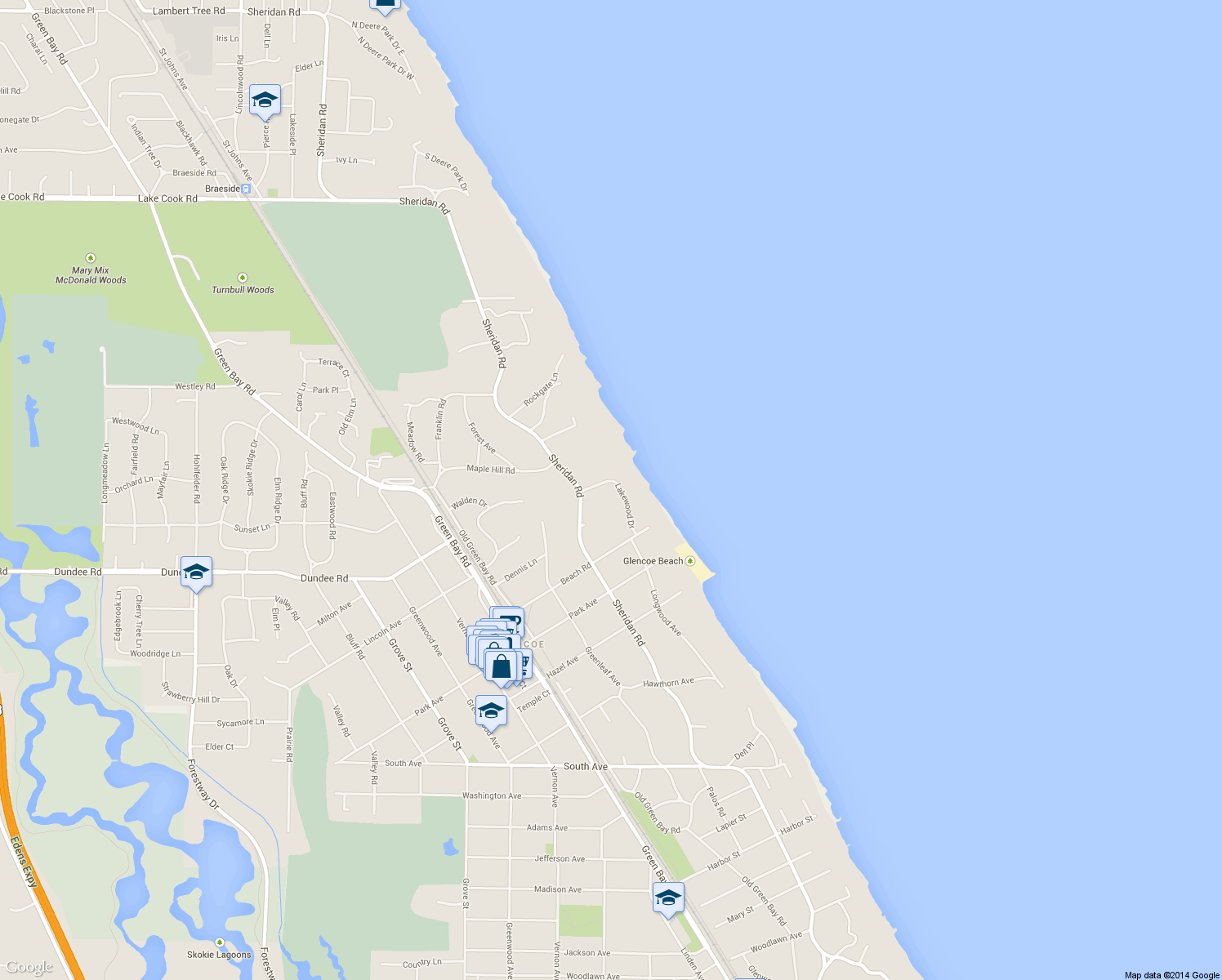 map of restaurants, bars, coffee shops, grocery stores, and more near 58 Lakewood Drive in Glencoe