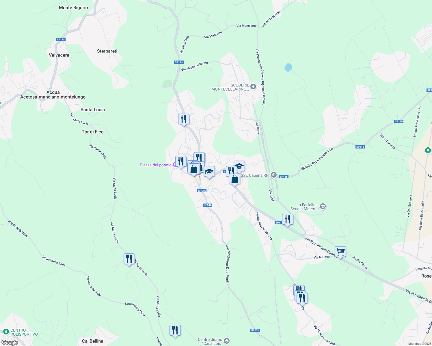 map of restaurants, bars, coffee shops, grocery stores, and more near Strada Provinciale 11b in Capena