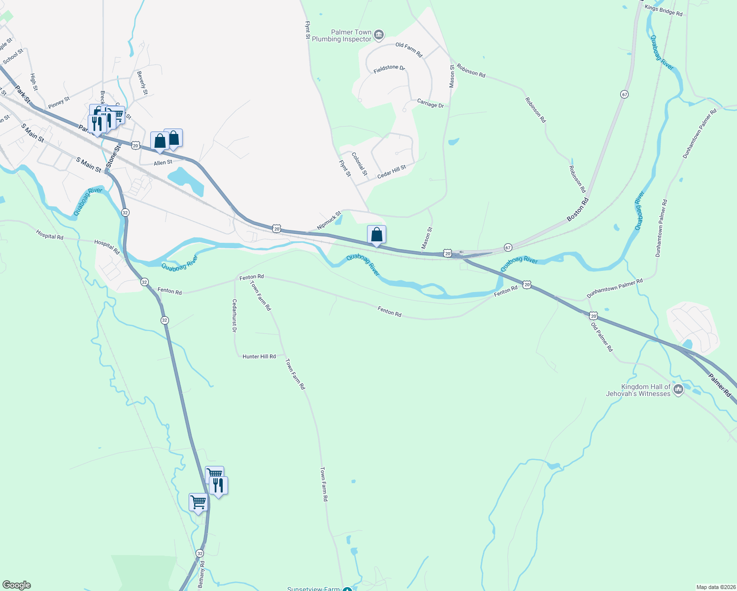 map of restaurants, bars, coffee shops, grocery stores, and more near 112 Fenton Road in Monson