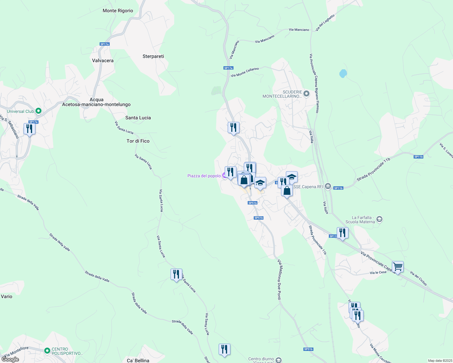 map of restaurants, bars, coffee shops, grocery stores, and more near 14 Via dei Mille in Capena
