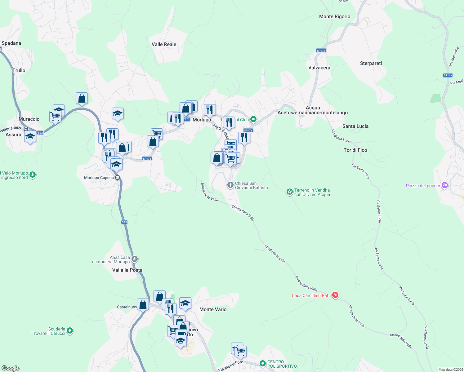 map of restaurants, bars, coffee shops, grocery stores, and more near 108 Corso Umberto I in Morlupo
