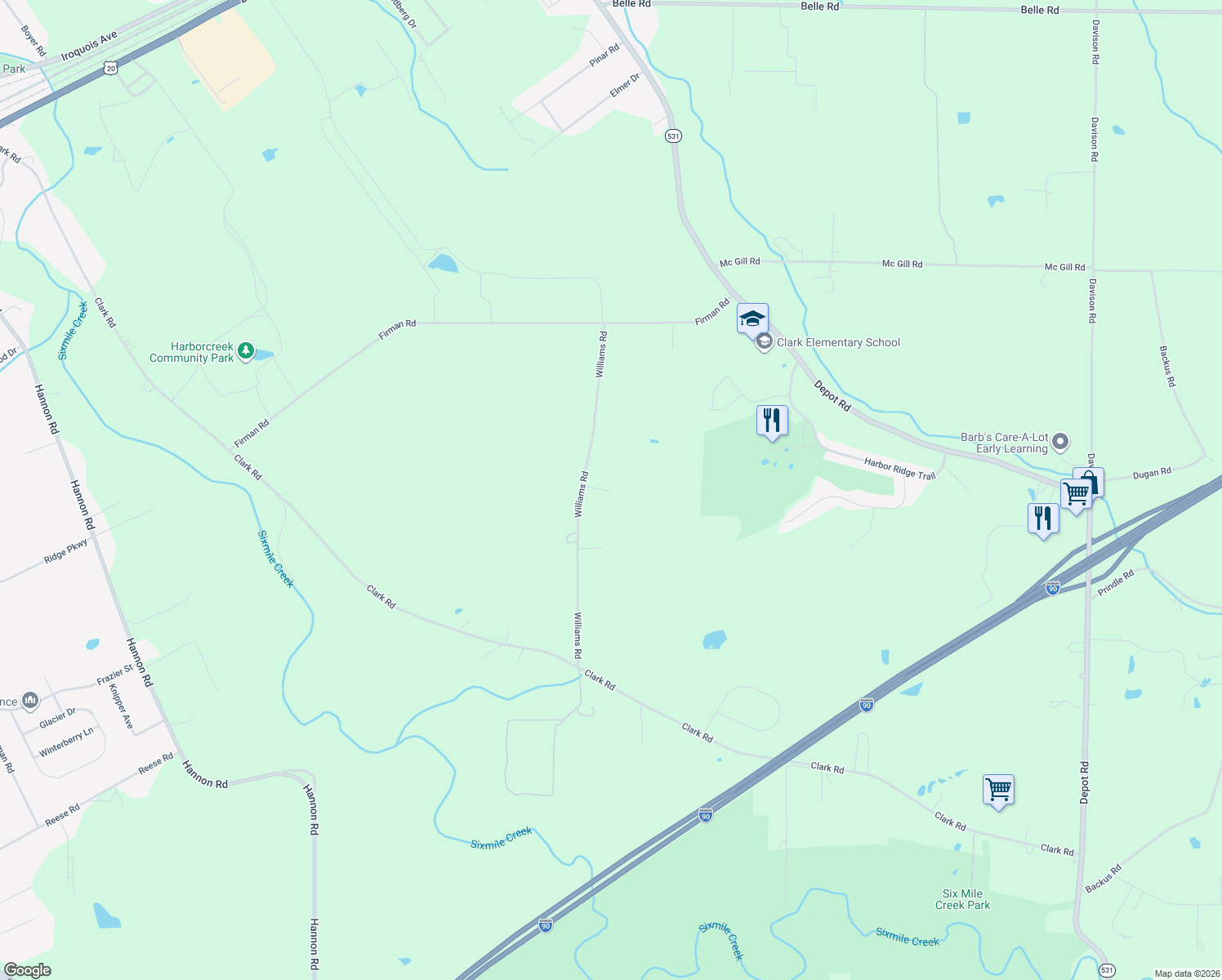 map of restaurants, bars, coffee shops, grocery stores, and more near 3961 Williams Rd in Erie