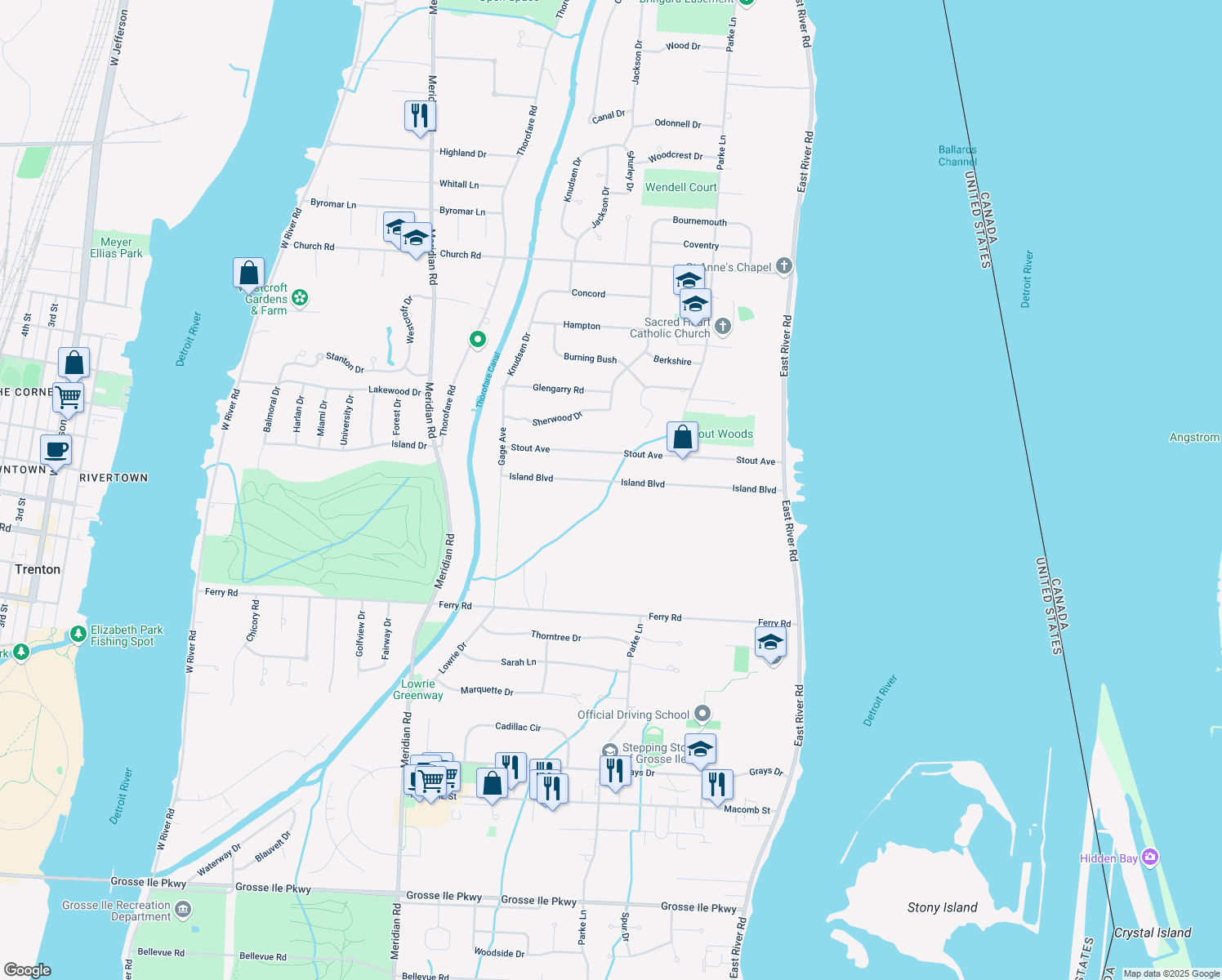 map of restaurants, bars, coffee shops, grocery stores, and more near 8231 Island Boulevard in Grosse Ile Township