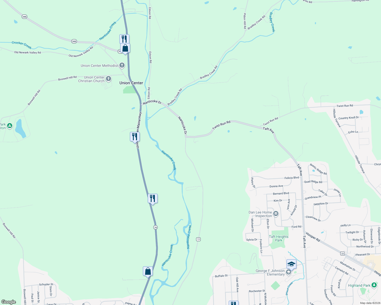 map of restaurants, bars, coffee shops, grocery stores, and more near 1776 Nanticoke Drive in Endicott