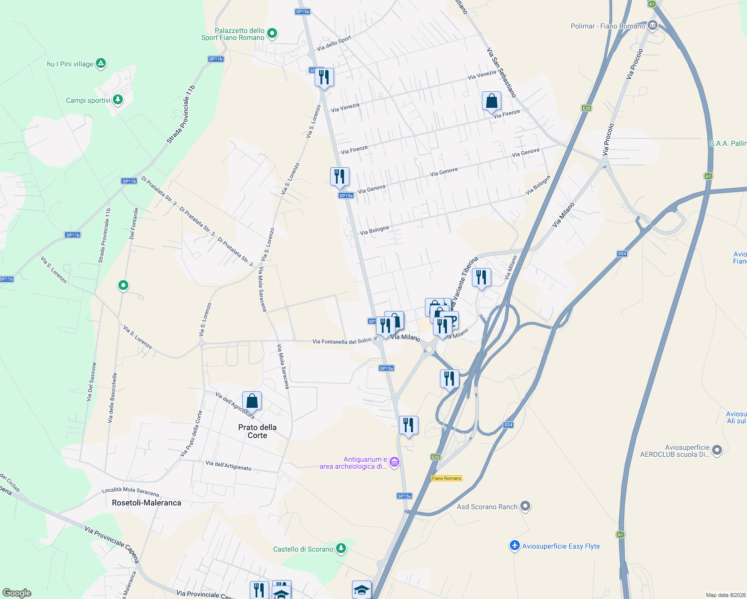 map of restaurants, bars, coffee shops, grocery stores, and more near 32 Strada Provinciale 15a in Fiano Romano