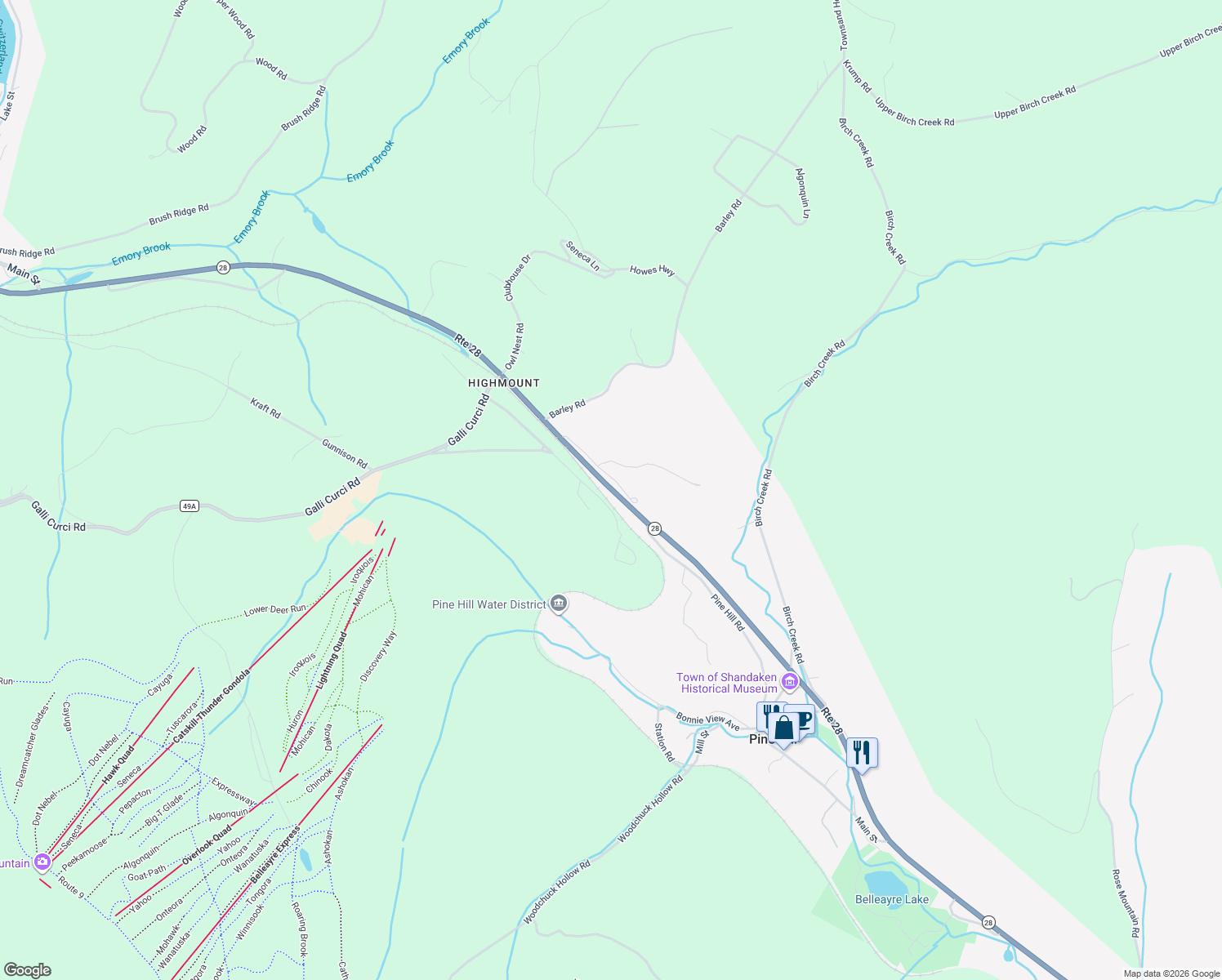 map of restaurants, bars, coffee shops, grocery stores, and more near Highway 28 in Big Indian
