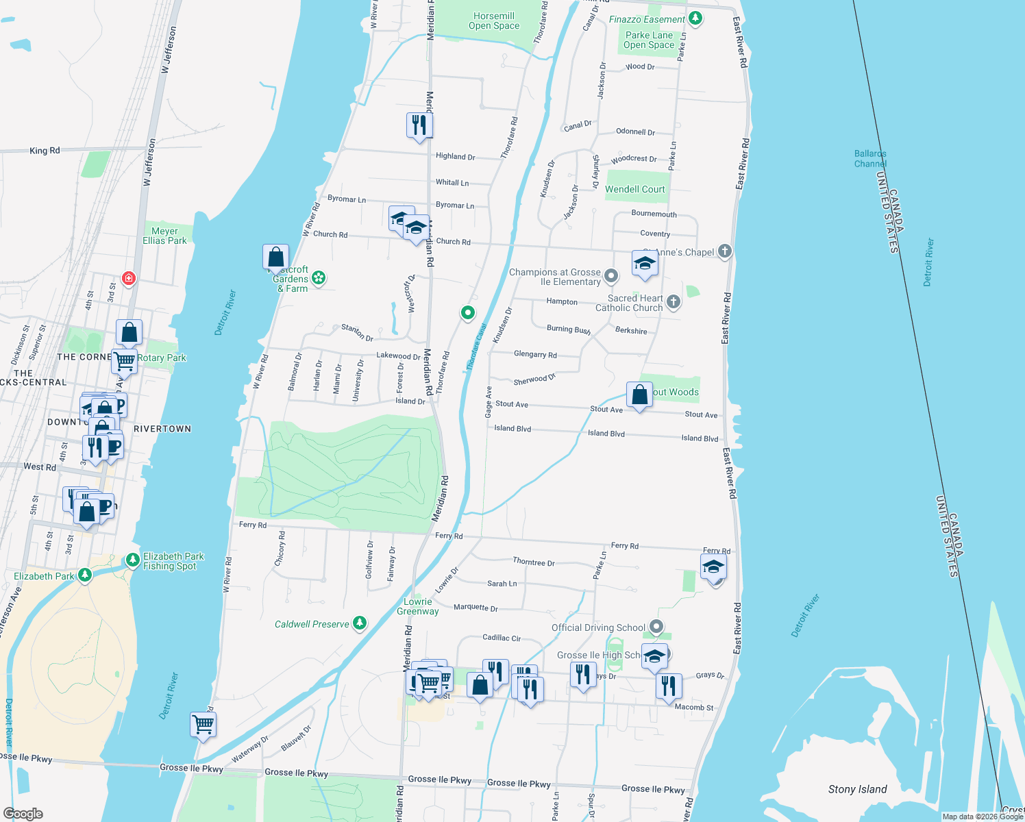 map of restaurants, bars, coffee shops, grocery stores, and more near 8647 Stout Ave in Grosse Ile Township