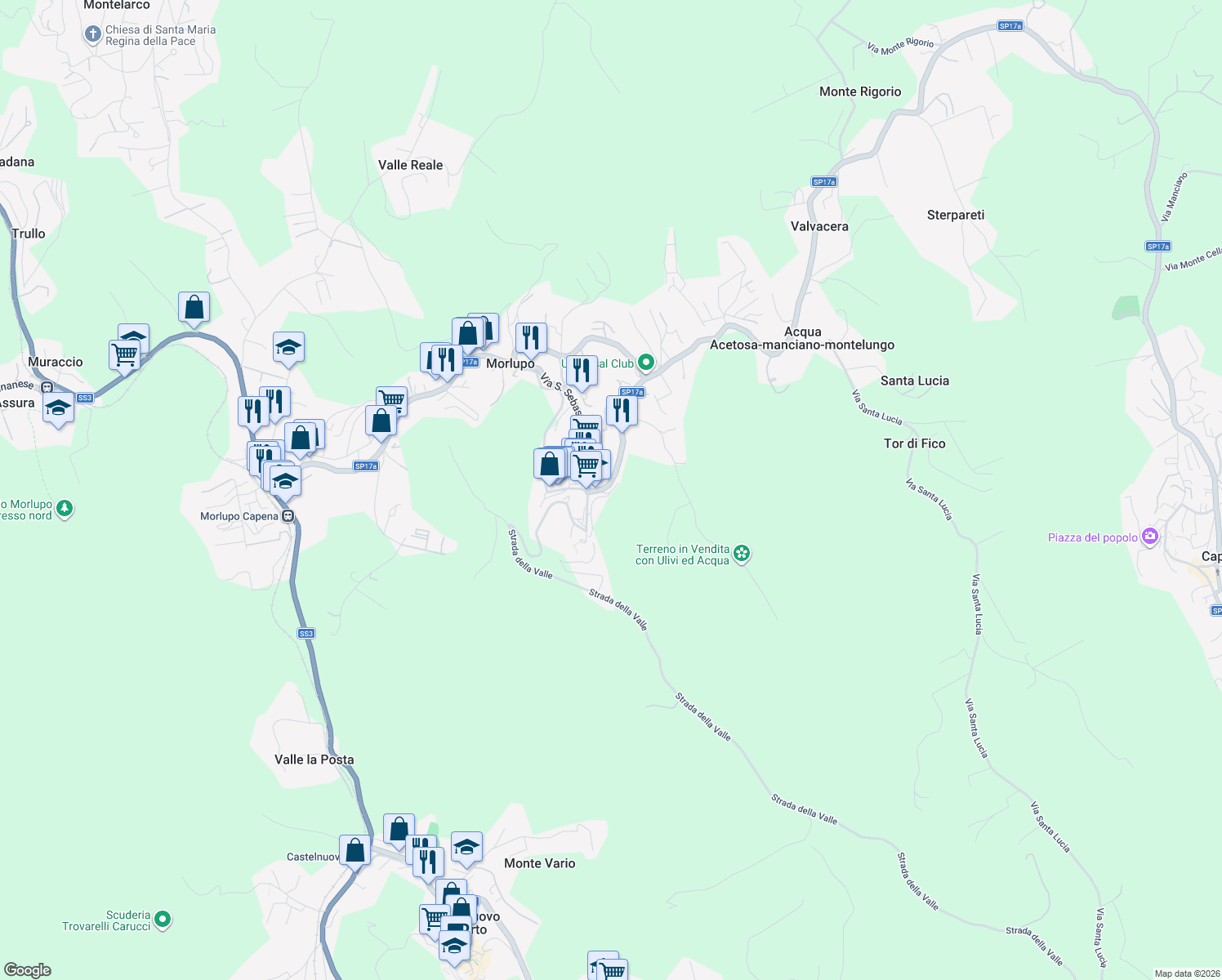 map of restaurants, bars, coffee shops, grocery stores, and more near 31 Via Fontana Fuori in Morlupo