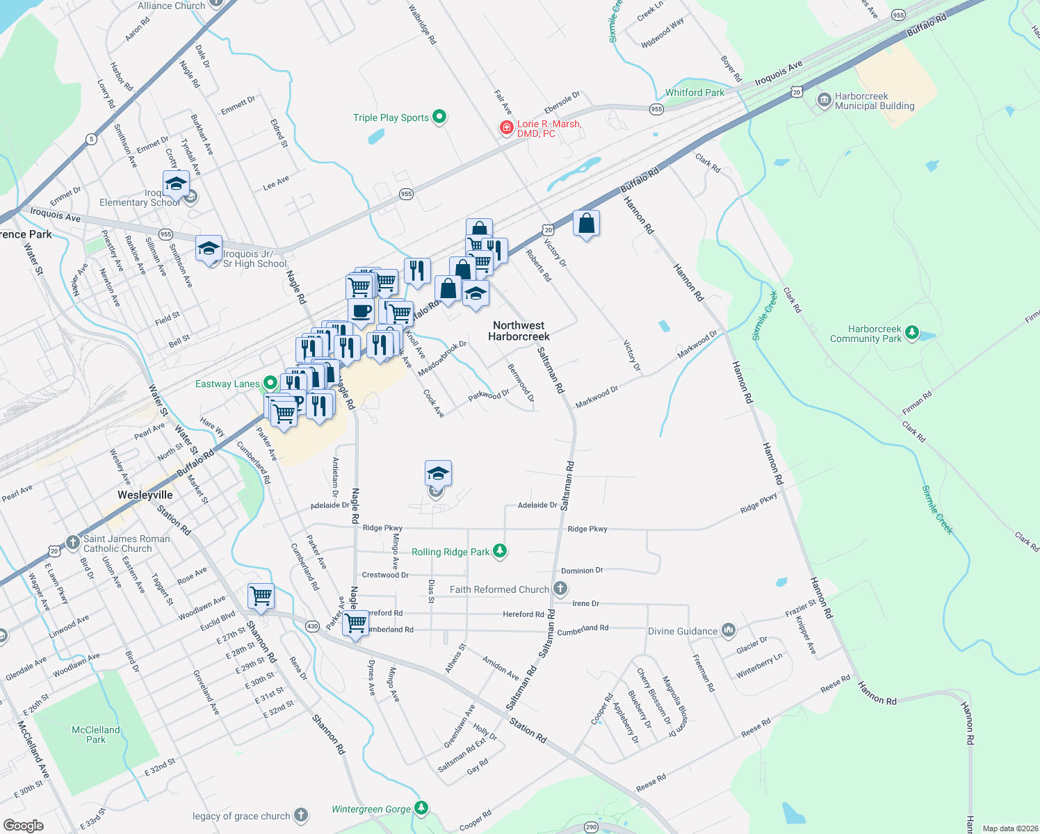 map of restaurants, bars, coffee shops, grocery stores, and more near 2314 Hunters Ridge Dr in Erie