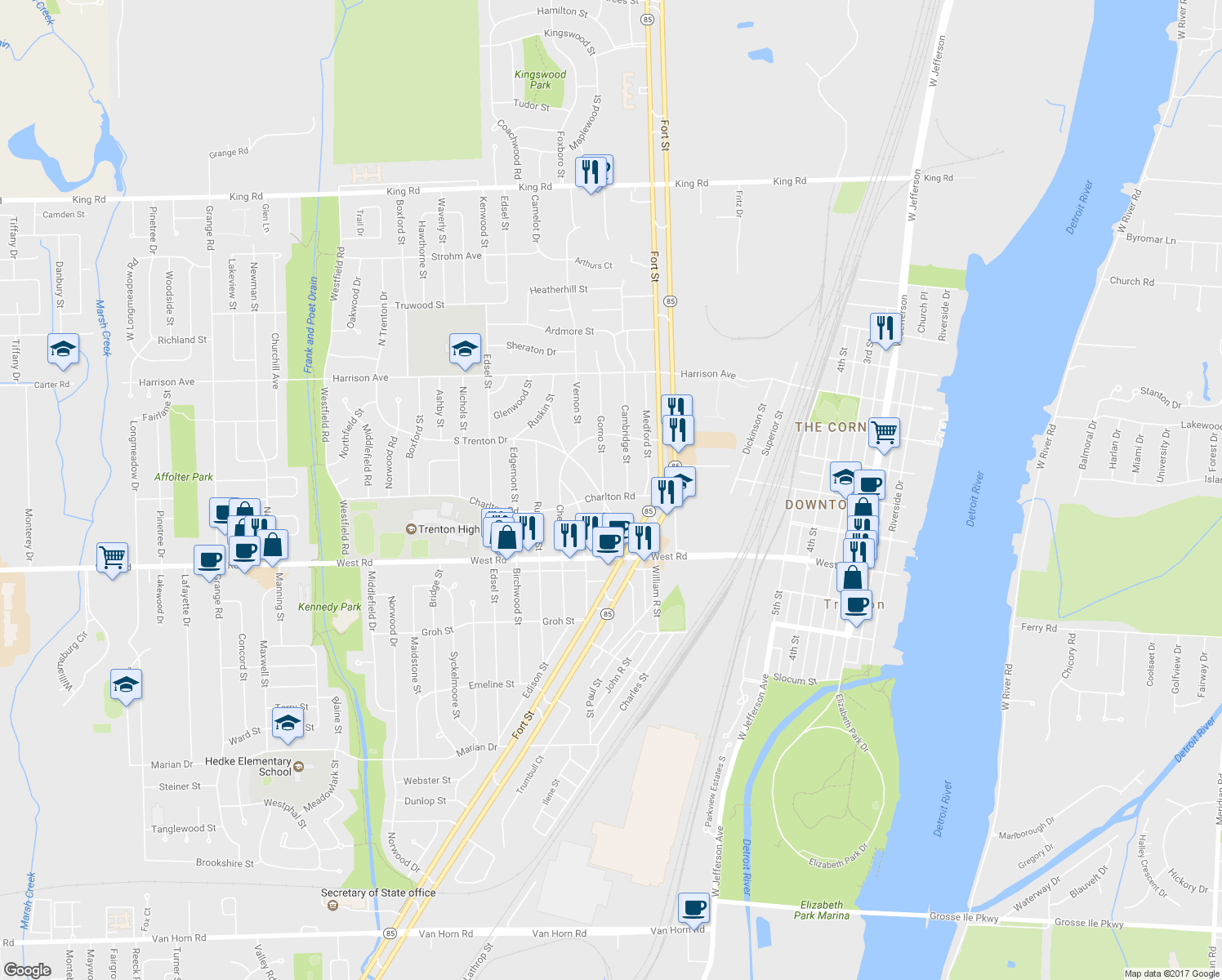 map of restaurants, bars, coffee shops, grocery stores, and more near 2551 Gorno Street in Trenton