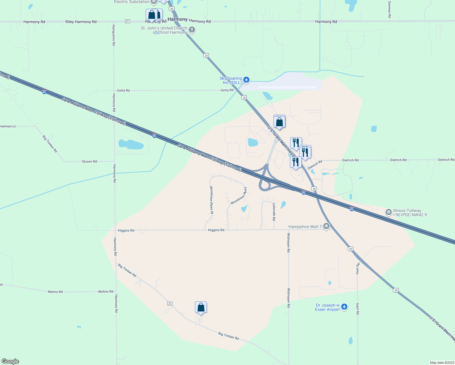 map of restaurants, bars, coffee shops, grocery stores, and more near 46W425 Woodview Pkwy in Hampshire