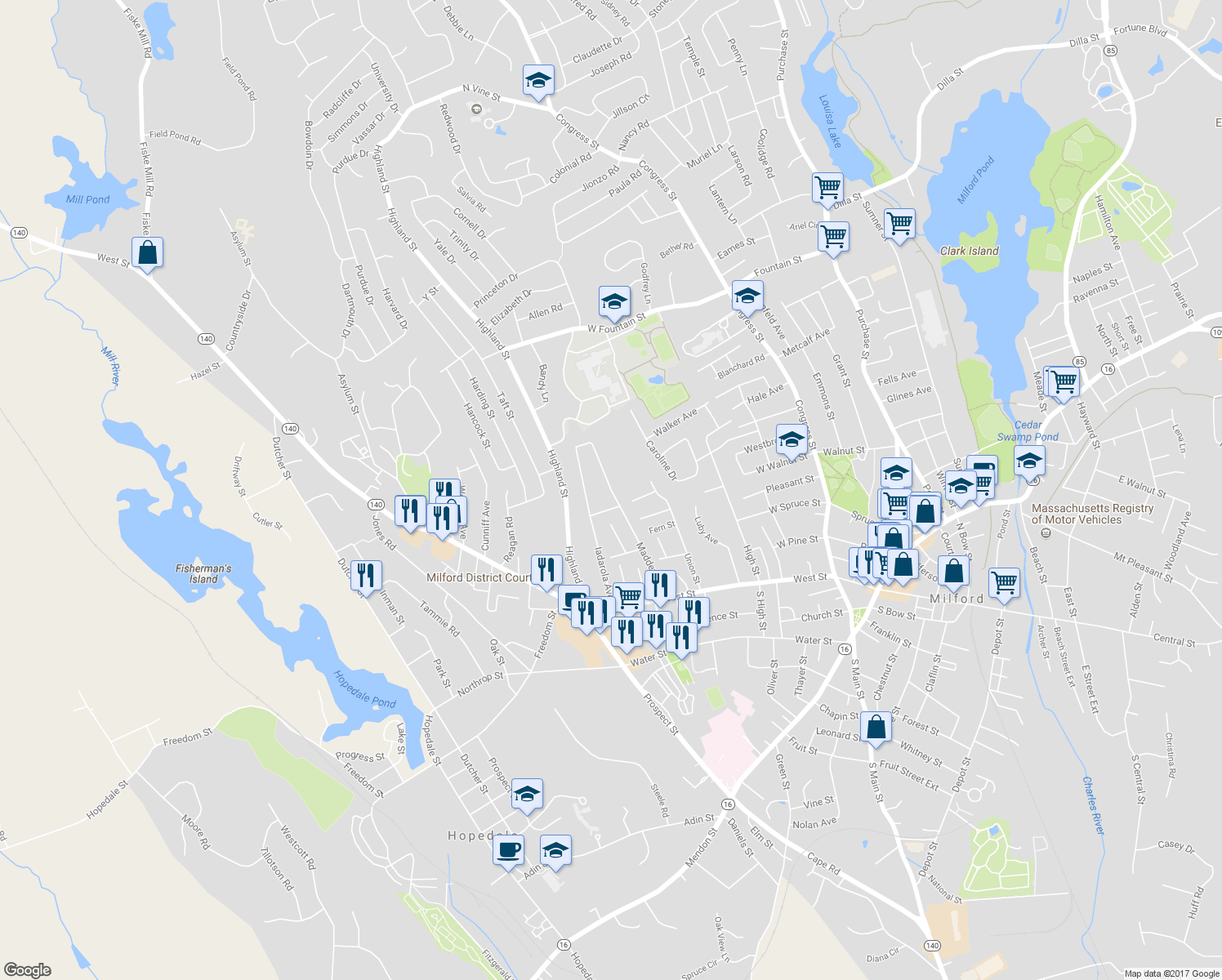 map of restaurants, bars, coffee shops, grocery stores, and more near 48 Madden Avenue in Milford