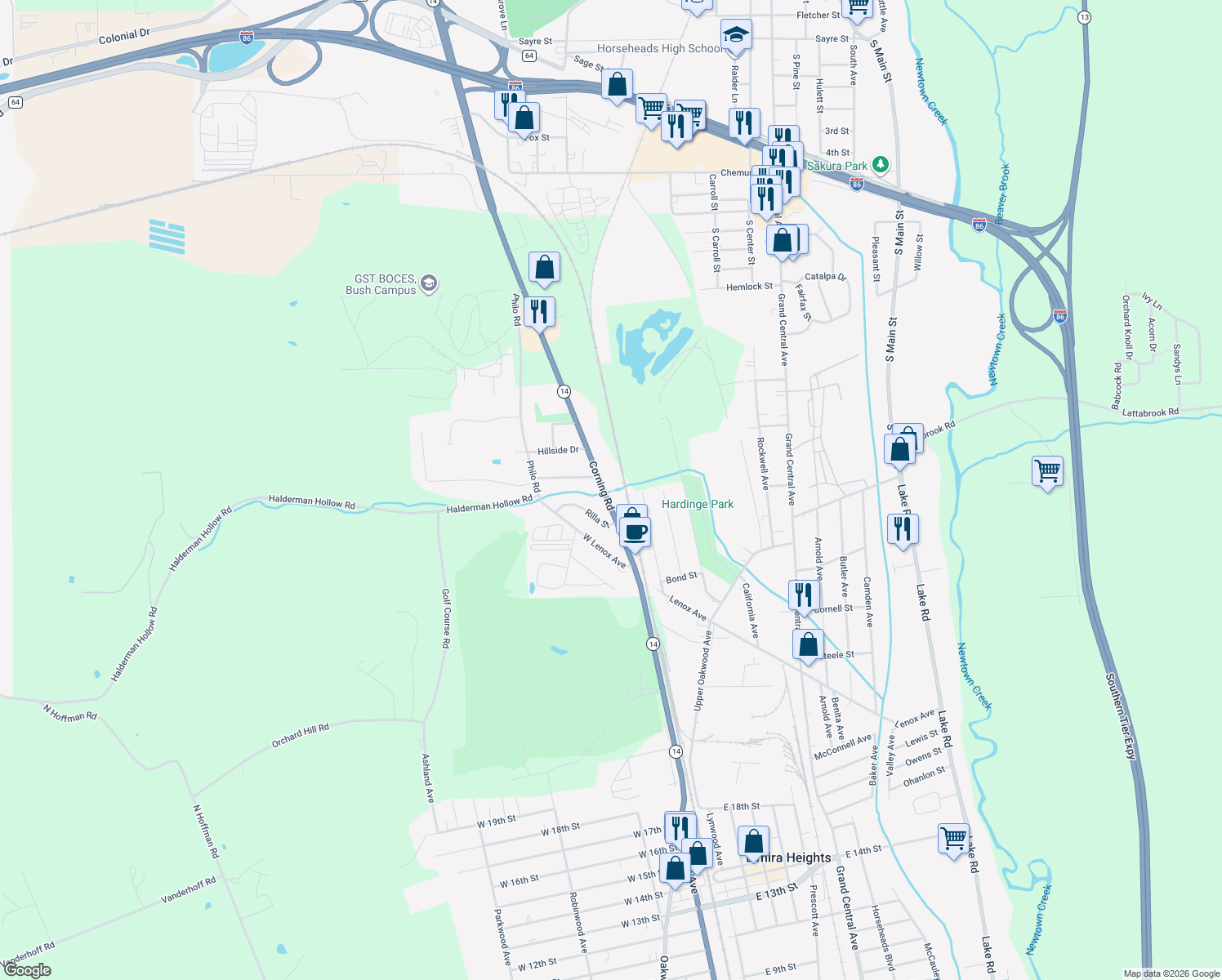 map of restaurants, bars, coffee shops, grocery stores, and more near 2398 Corning Road in Elmira