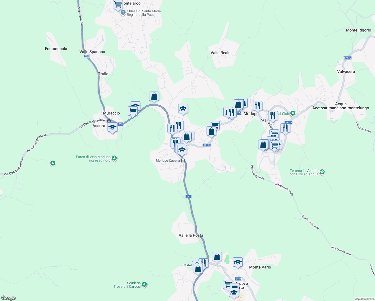 map of restaurants, bars, coffee shops, grocery stores, and more near 1552 Via Flaminia in Morlupo