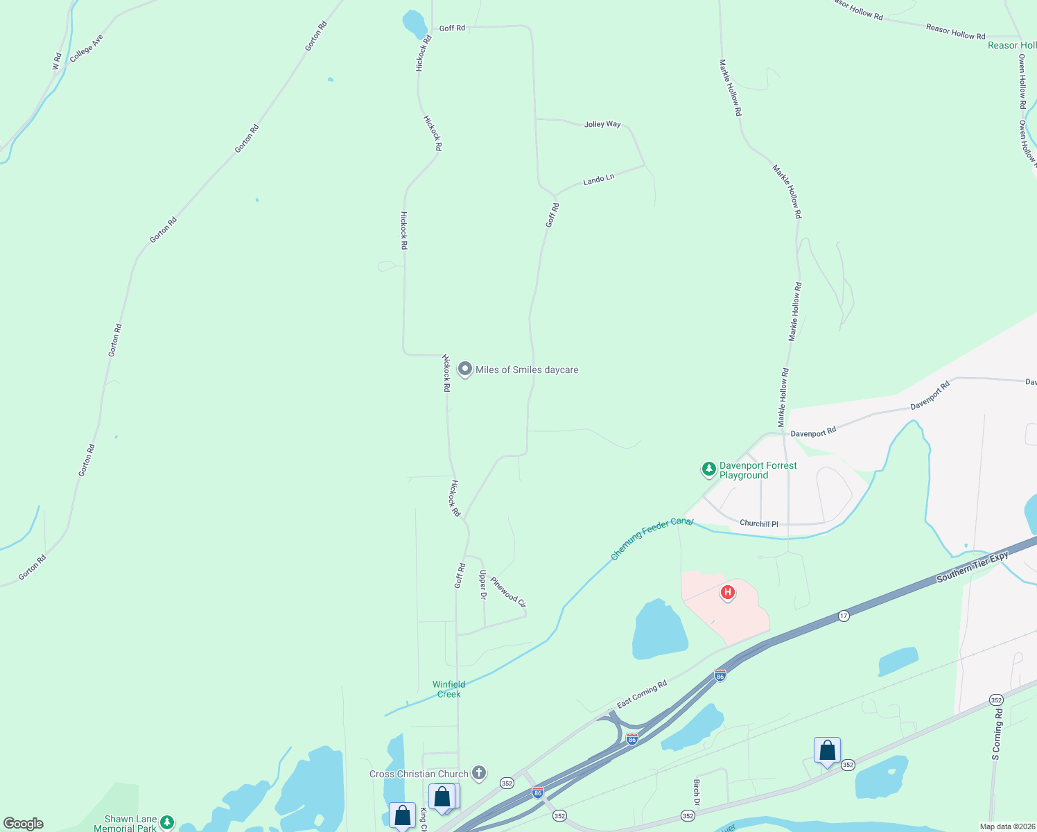 map of restaurants, bars, coffee shops, grocery stores, and more near 2983 Goff Road in Corning