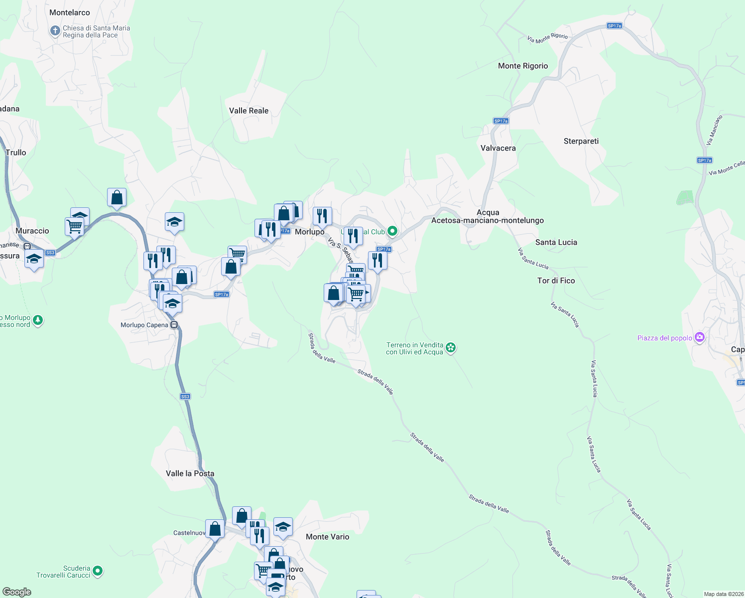 map of restaurants, bars, coffee shops, grocery stores, and more near 31 Via Fontana Fuori in Morlupo