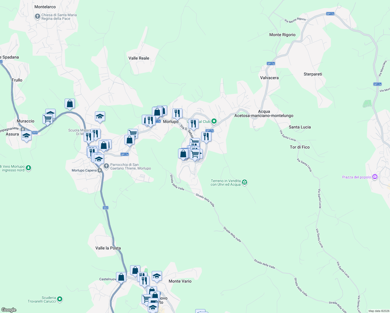 map of restaurants, bars, coffee shops, grocery stores, and more near 3 Piazza Armando Diaz in Morlupo