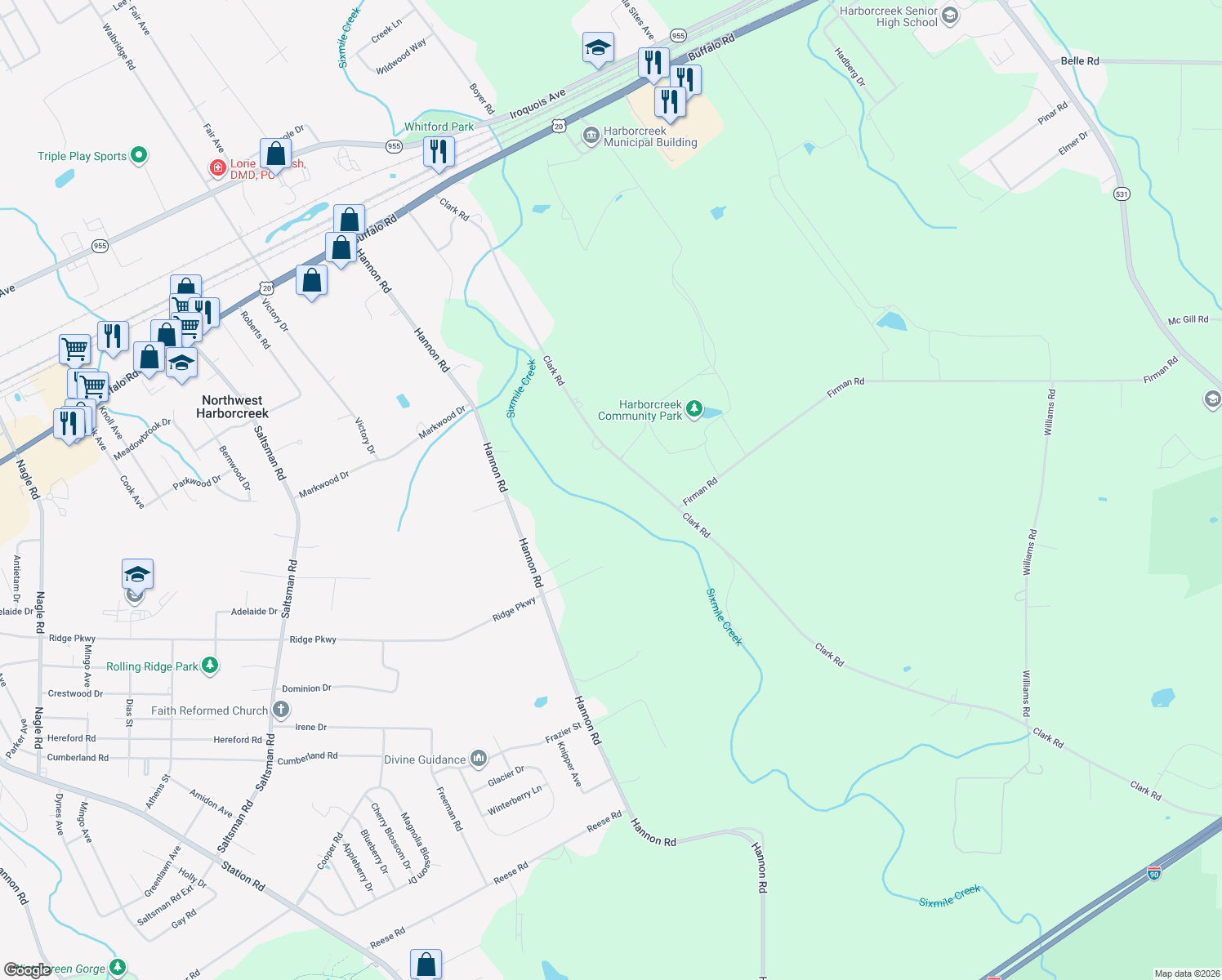 map of restaurants, bars, coffee shops, grocery stores, and more near 3212 Clark Rd in Erie