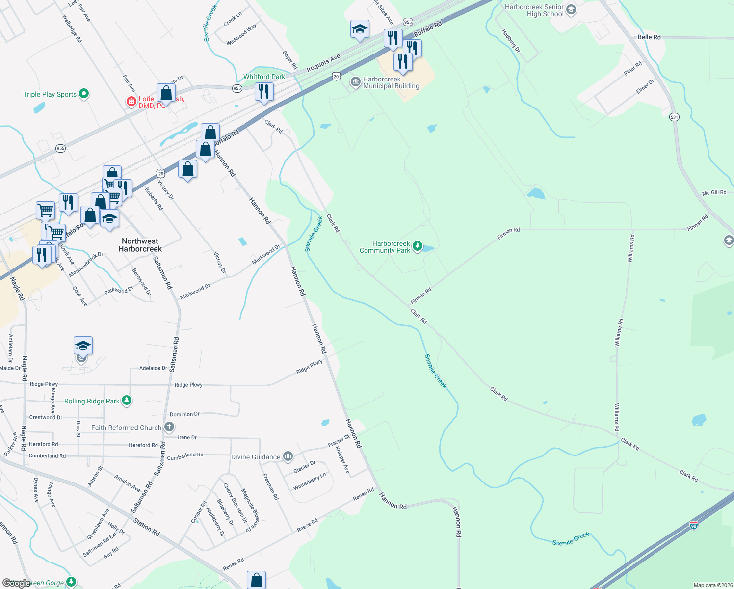 map of restaurants, bars, coffee shops, grocery stores, and more near 3212 Clark Rd in Erie
