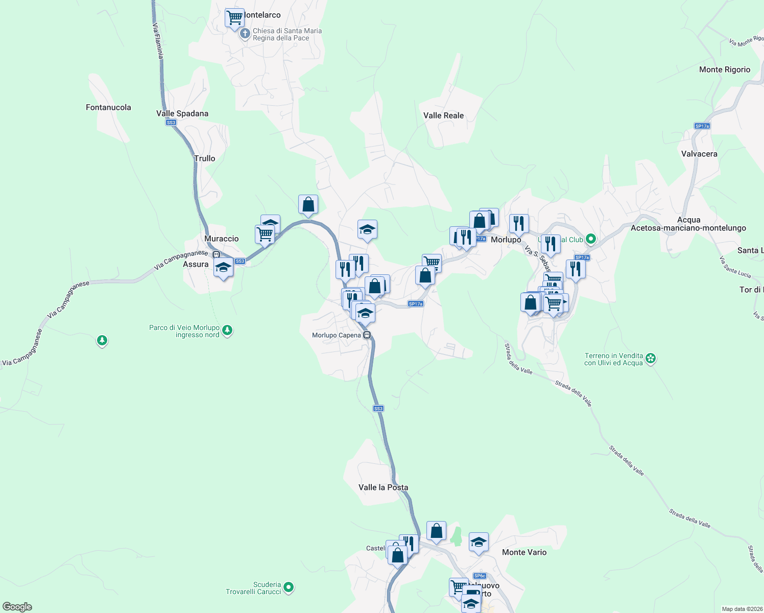 map of restaurants, bars, coffee shops, grocery stores, and more near 1552 Via Flaminia in Morlupo
