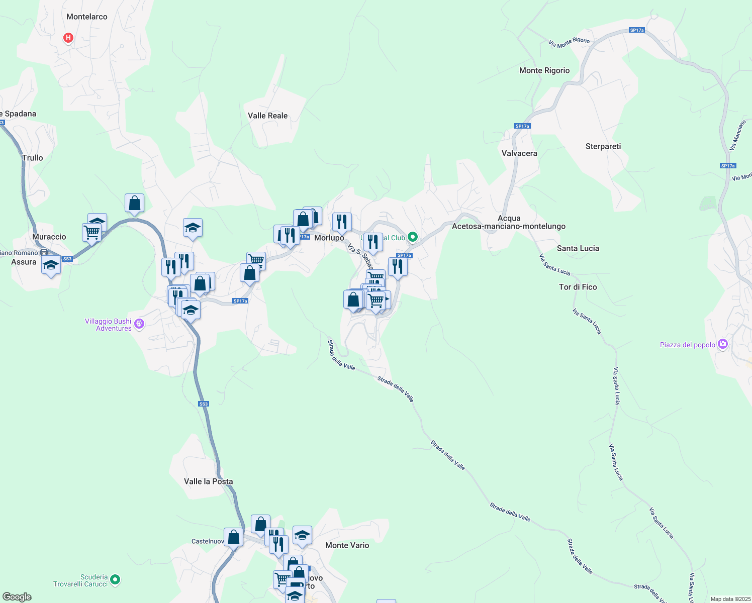 map of restaurants, bars, coffee shops, grocery stores, and more near 68A Via San Sebastiano in Morlupo