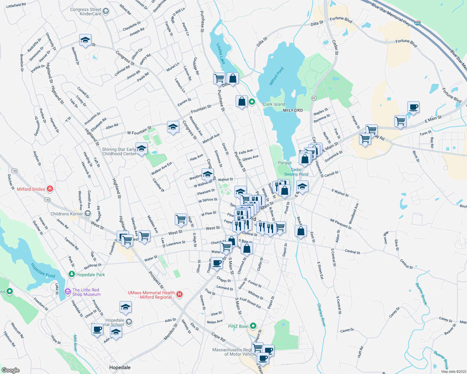 map of restaurants, bars, coffee shops, grocery stores, and more near 12 Walnut Street in Milford