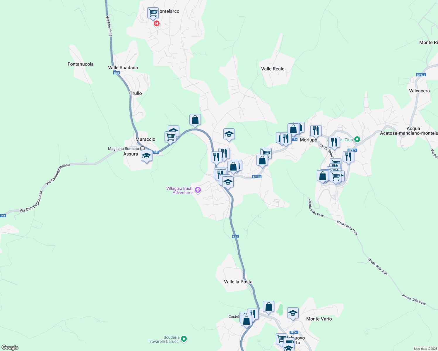 map of restaurants, bars, coffee shops, grocery stores, and more near 22A Via S. Pellegrino in Morlupo