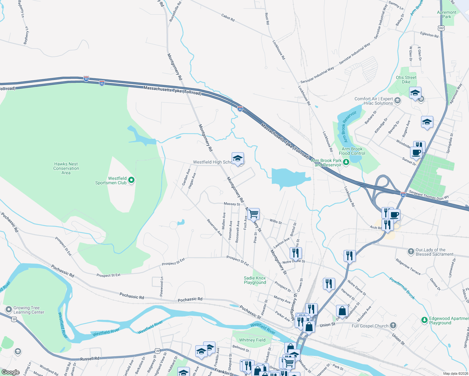 map of restaurants, bars, coffee shops, grocery stores, and more near 87 Montgomery Rd in Westfield