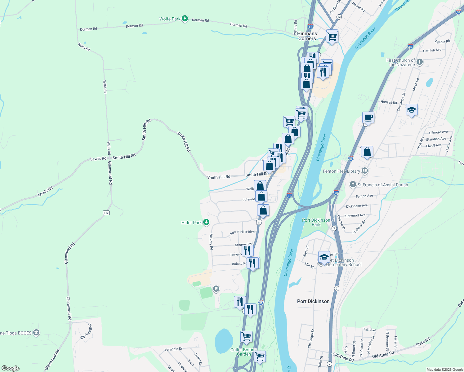 map of restaurants, bars, coffee shops, grocery stores, and more near 34 Wallace Rd in Binghamton