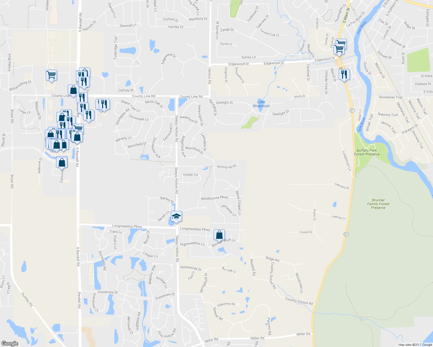 map of restaurants, bars, coffee shops, grocery stores, and more near 1480 Wynnfield Drive in Algonquin