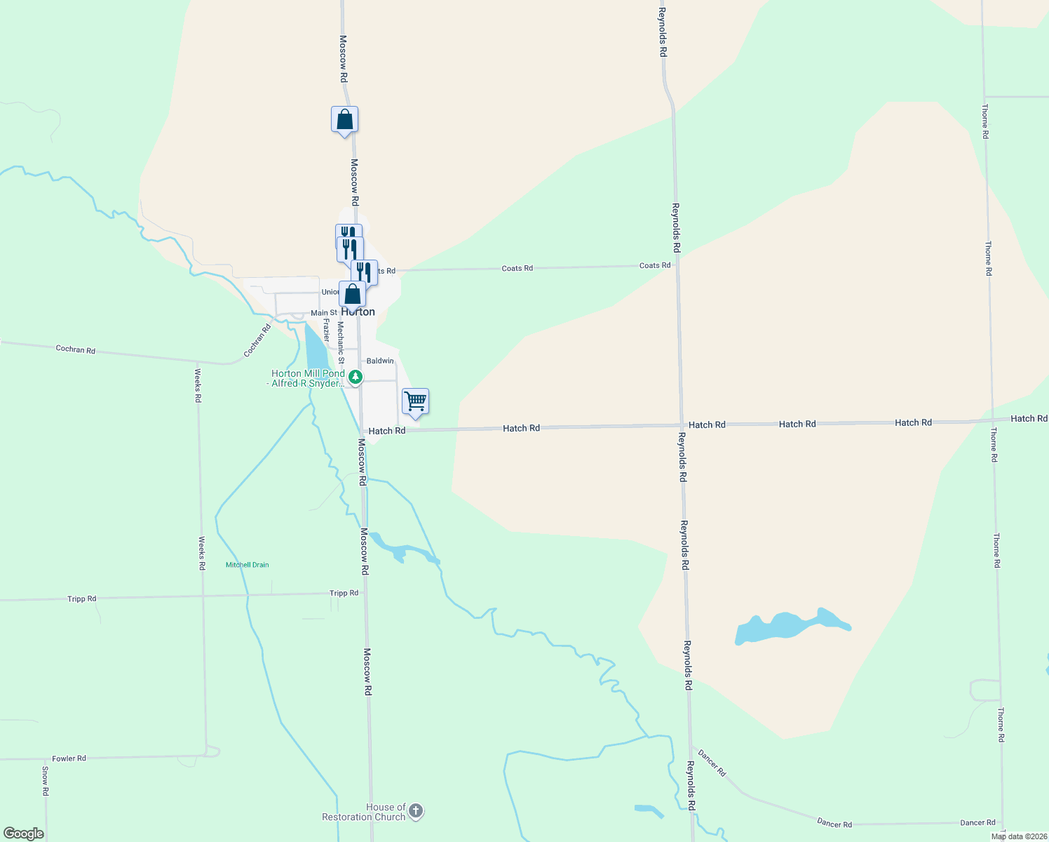 map of restaurants, bars, coffee shops, grocery stores, and more near 5520 Hatch Road in Horton