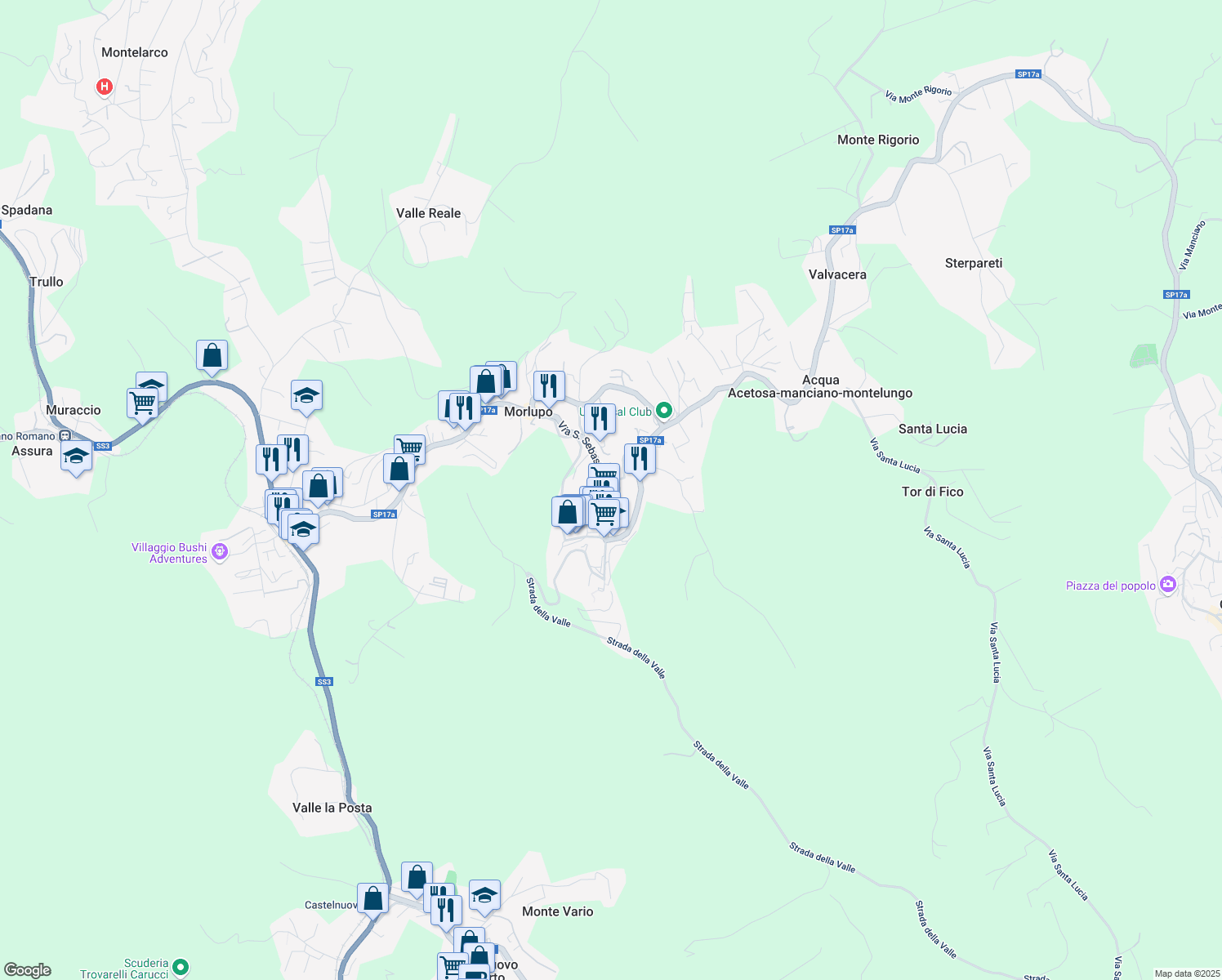 map of restaurants, bars, coffee shops, grocery stores, and more near 68A Via San Sebastiano in Morlupo