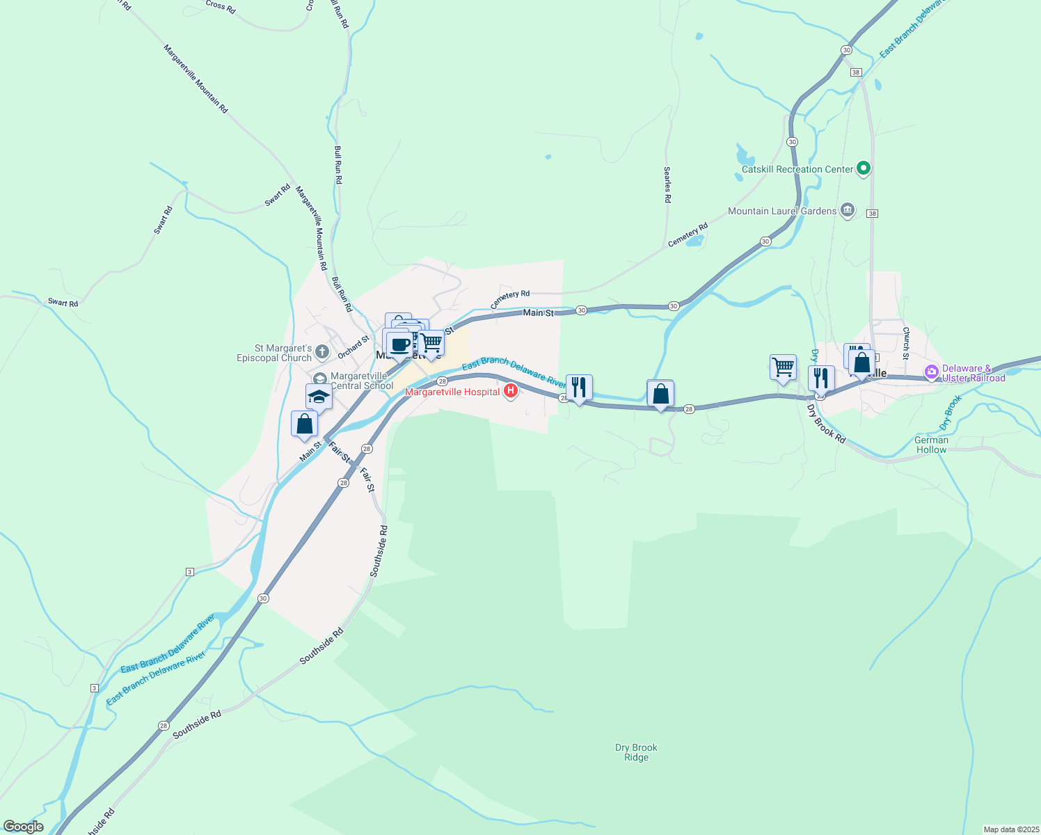 map of restaurants, bars, coffee shops, grocery stores, and more near 42158 Highway 28 in Margaretville