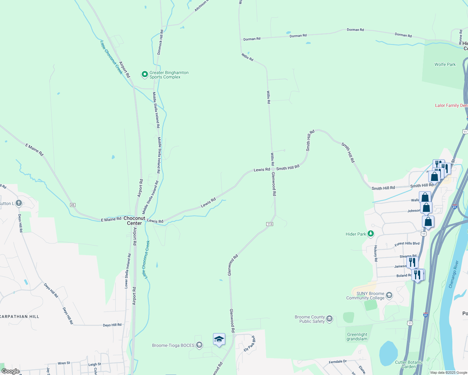 map of restaurants, bars, coffee shops, grocery stores, and more near 145 County Road 72 in Binghamton